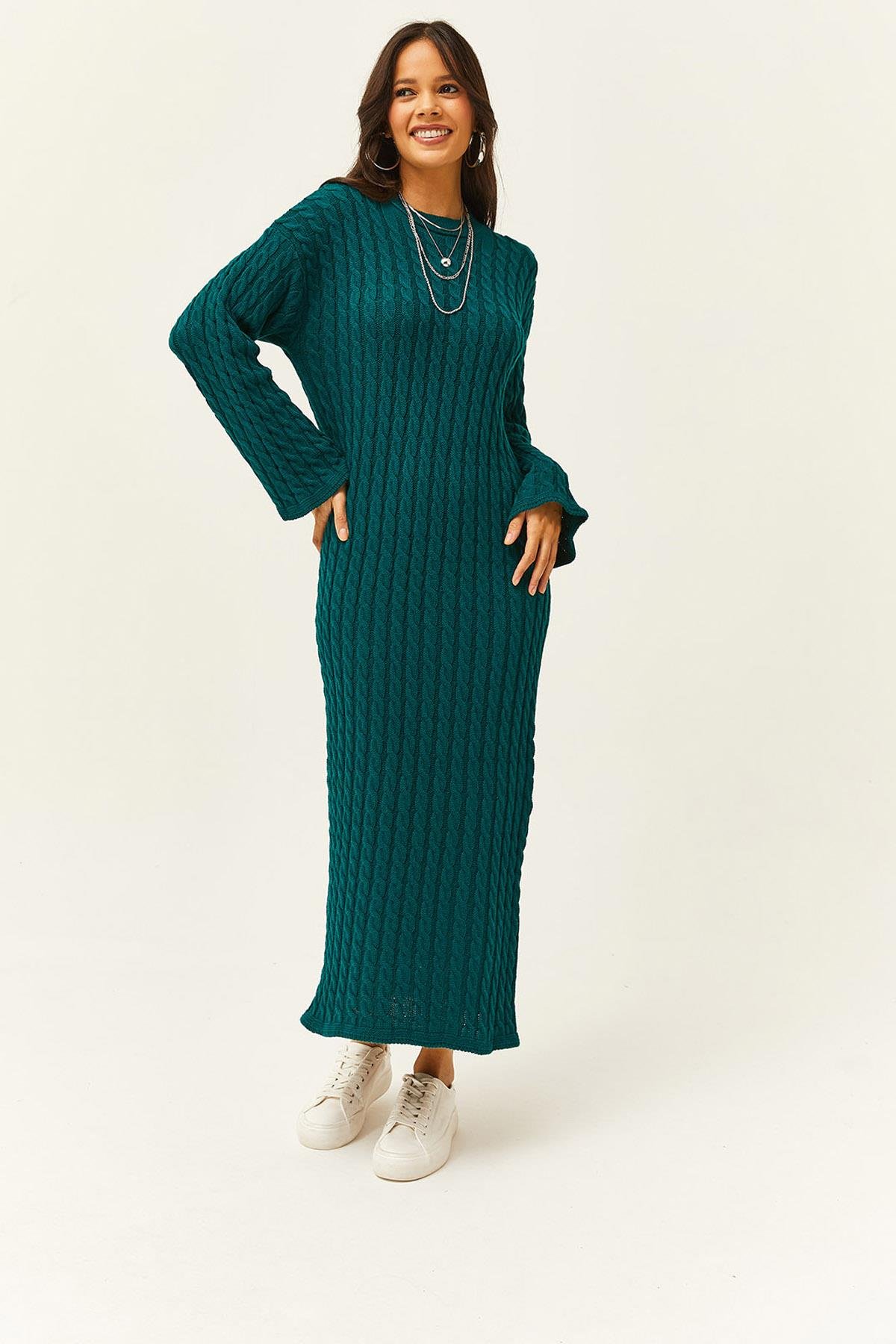 Saç Örgülü Uzun Triko Elbise Zümrüt Yeşili
