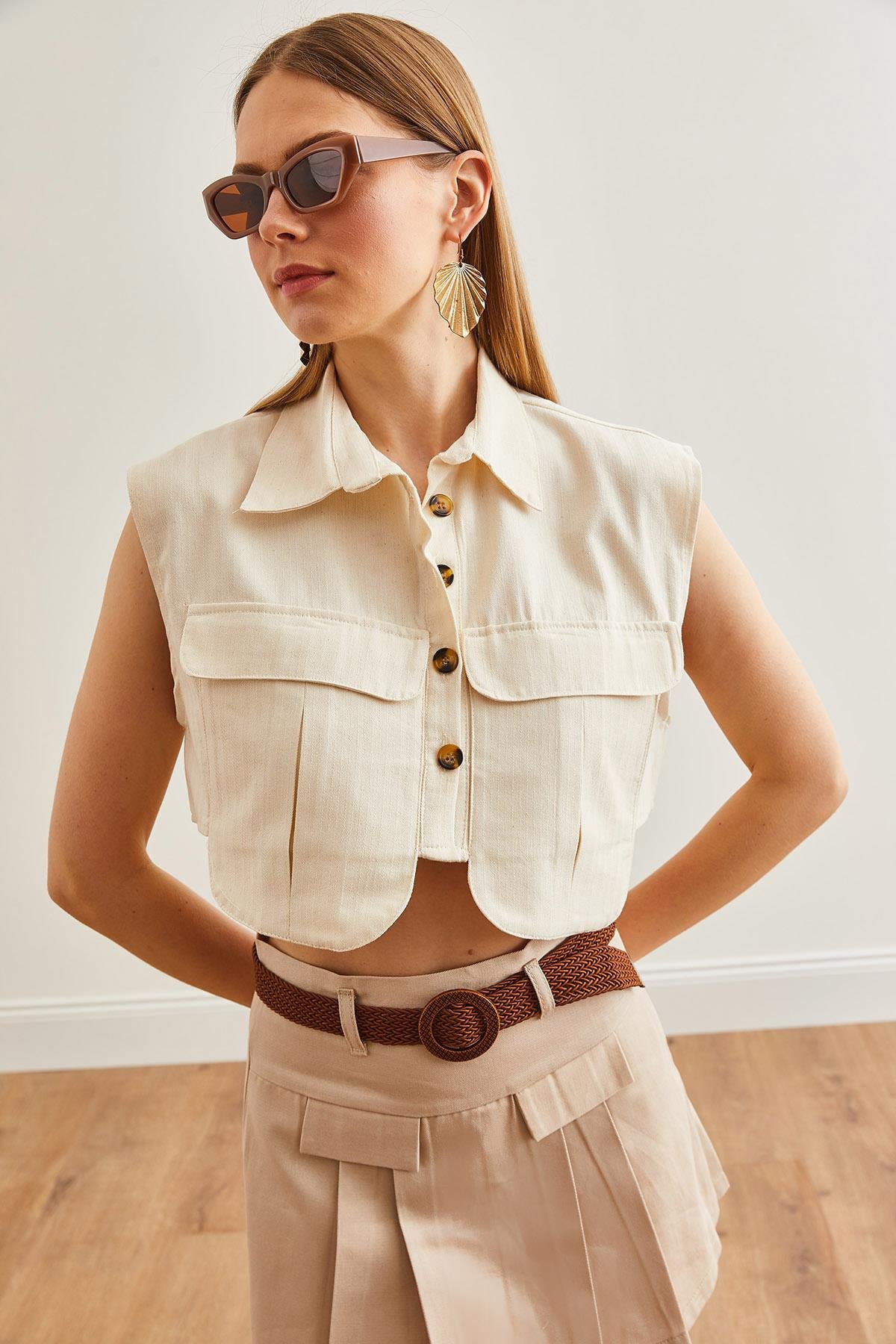 Safari Cepli Gabardin Crop Gömlek Taş