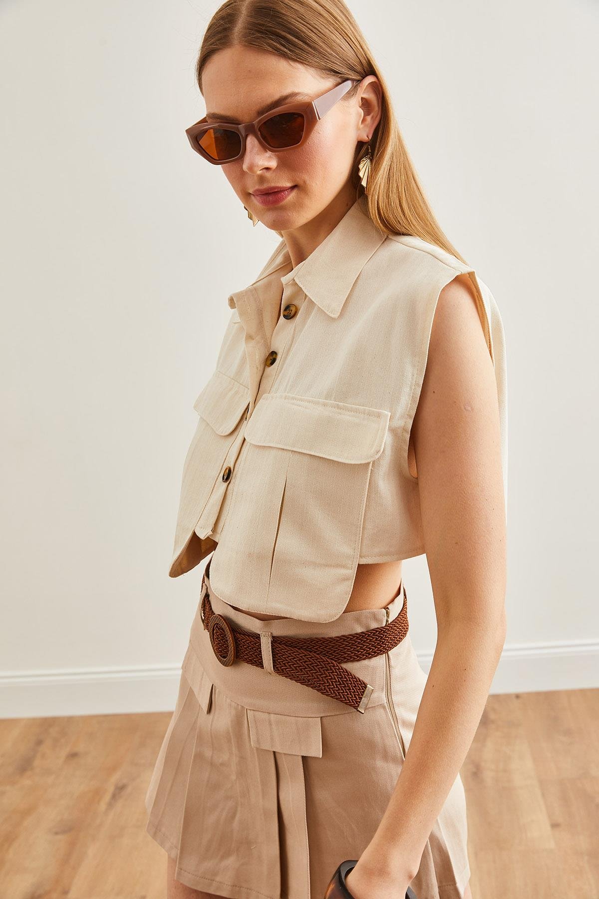 Safari Cepli Gabardin Crop Gömlek Taş