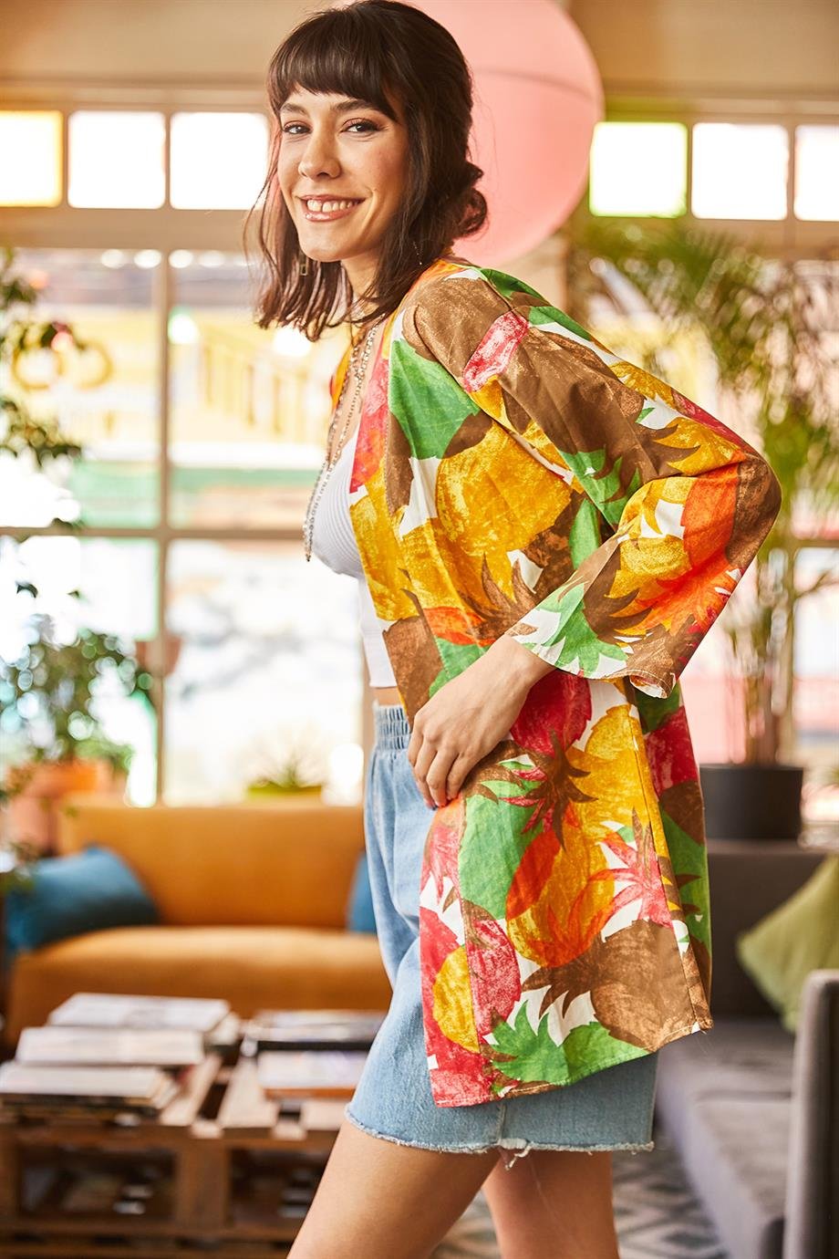 Salaş Dokuma Kimono Ananas Çok Renkli