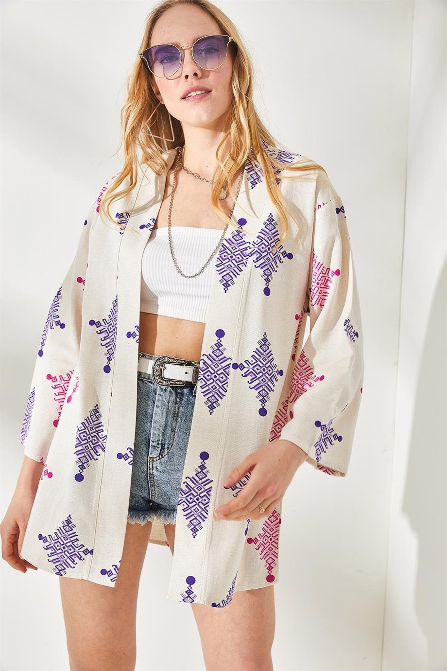 Salaş Dokuma Kimono Etnik Mor