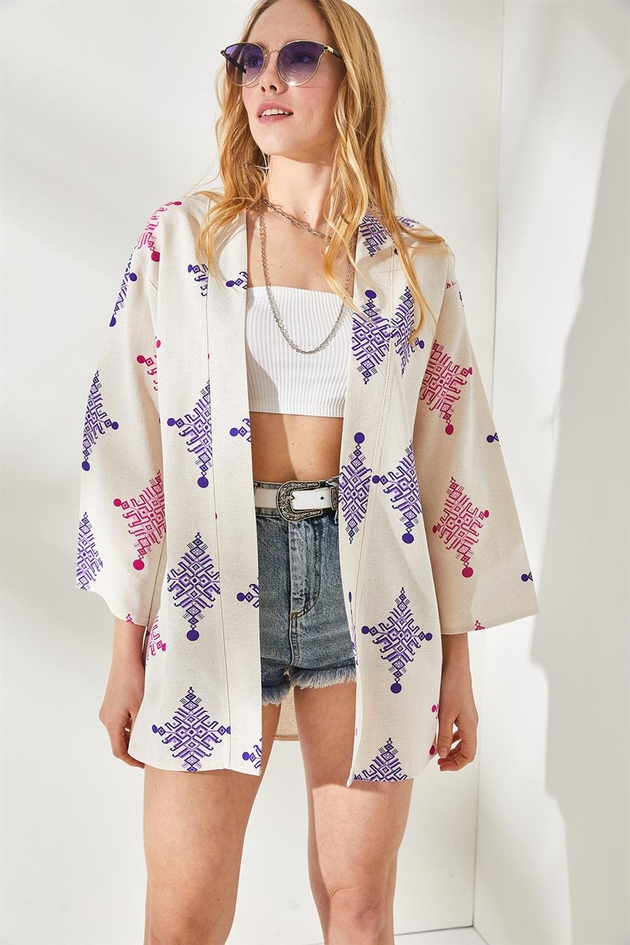 Salaş Dokuma Kimono Etnik Mor
