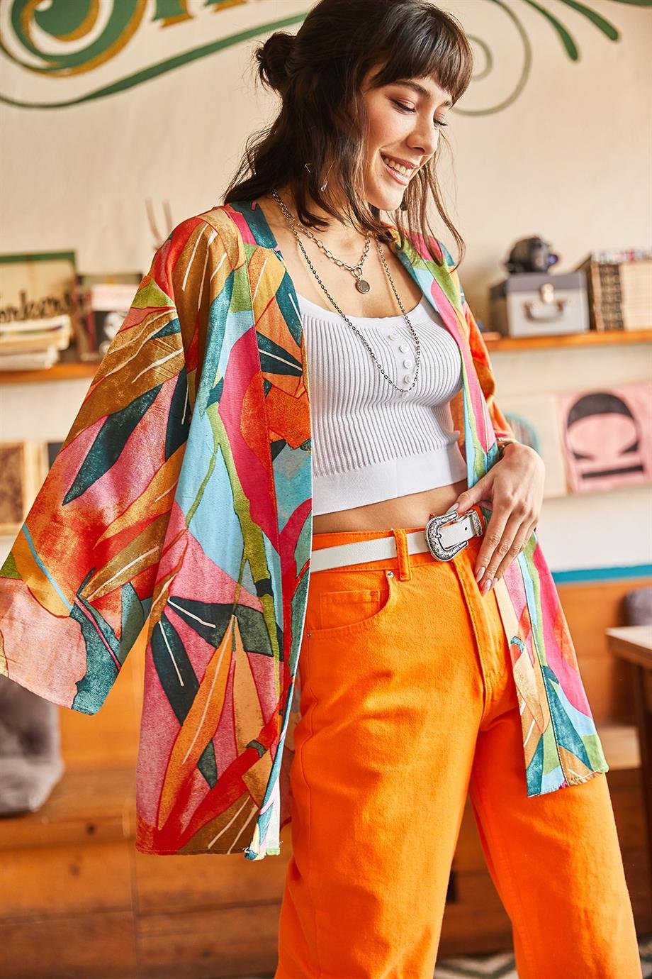 Salaş Dokuma Kimono Turuncu Pembe