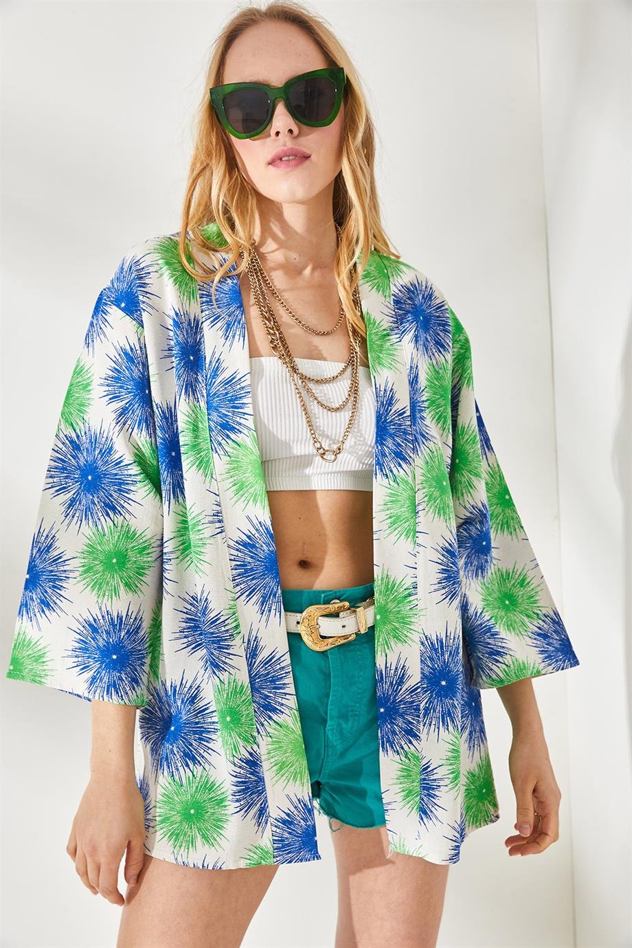Salaş Dokuma Kimono Yeşil Saks Mavi