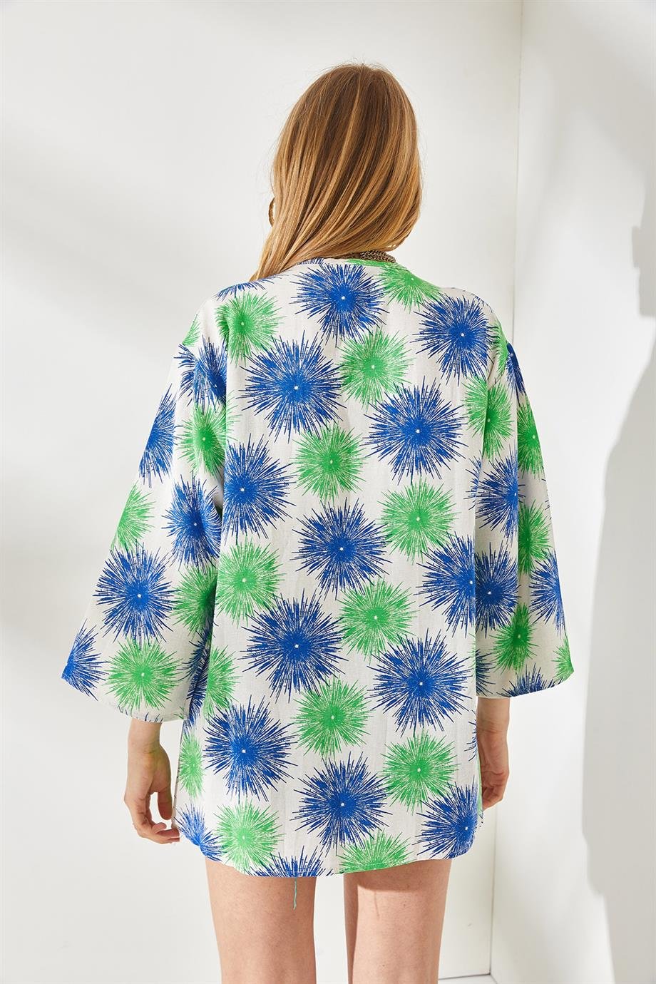 Salaş Dokuma Kimono Yeşil Saks Mavi