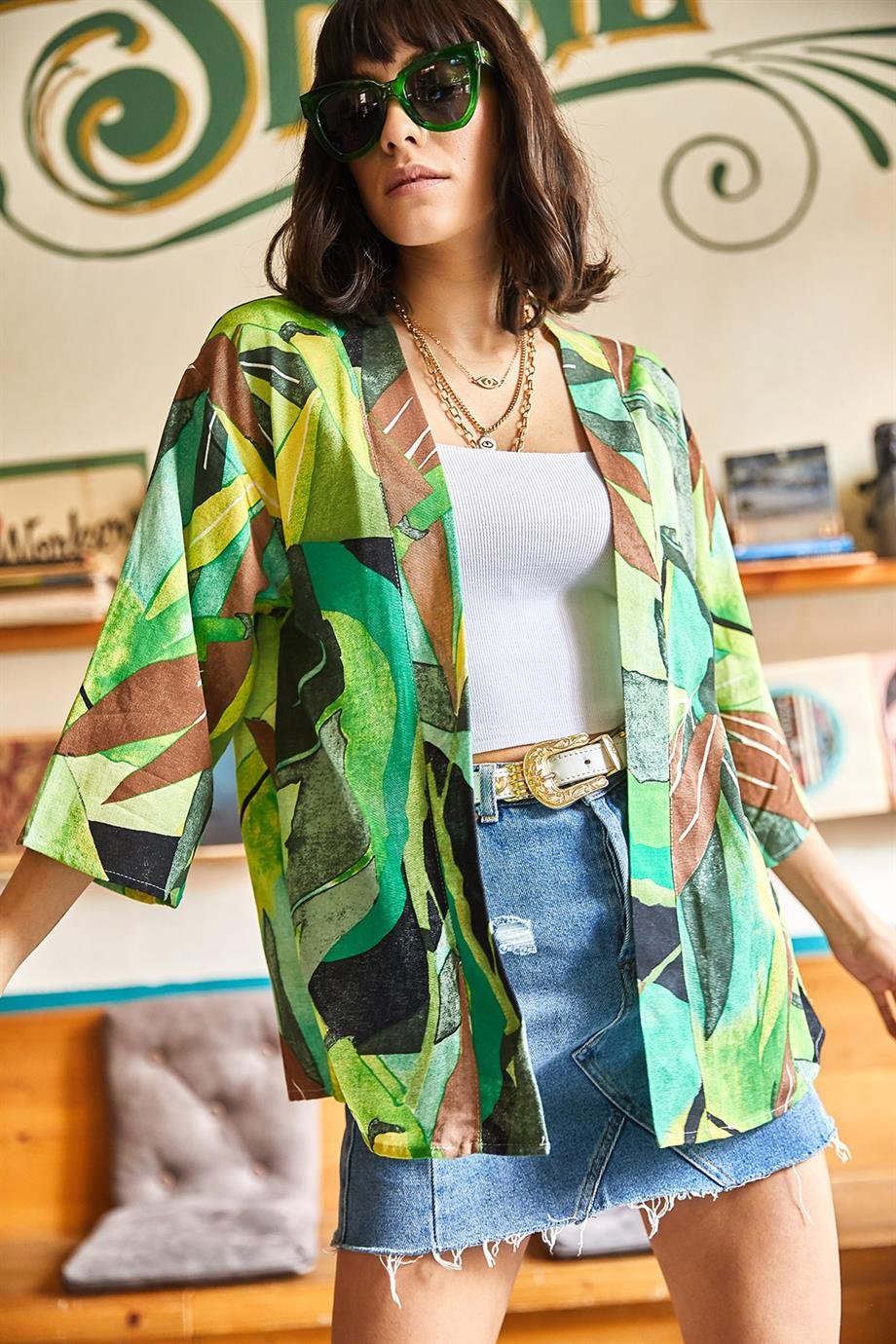 Salaş Dokuma Kimono Yeşil Yaprak