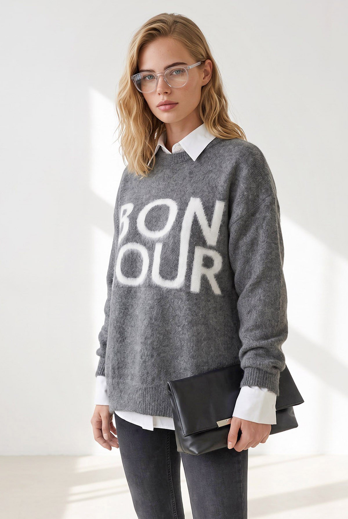 Şardonlu Bonjour Oversize Triko Kazak Antrasit