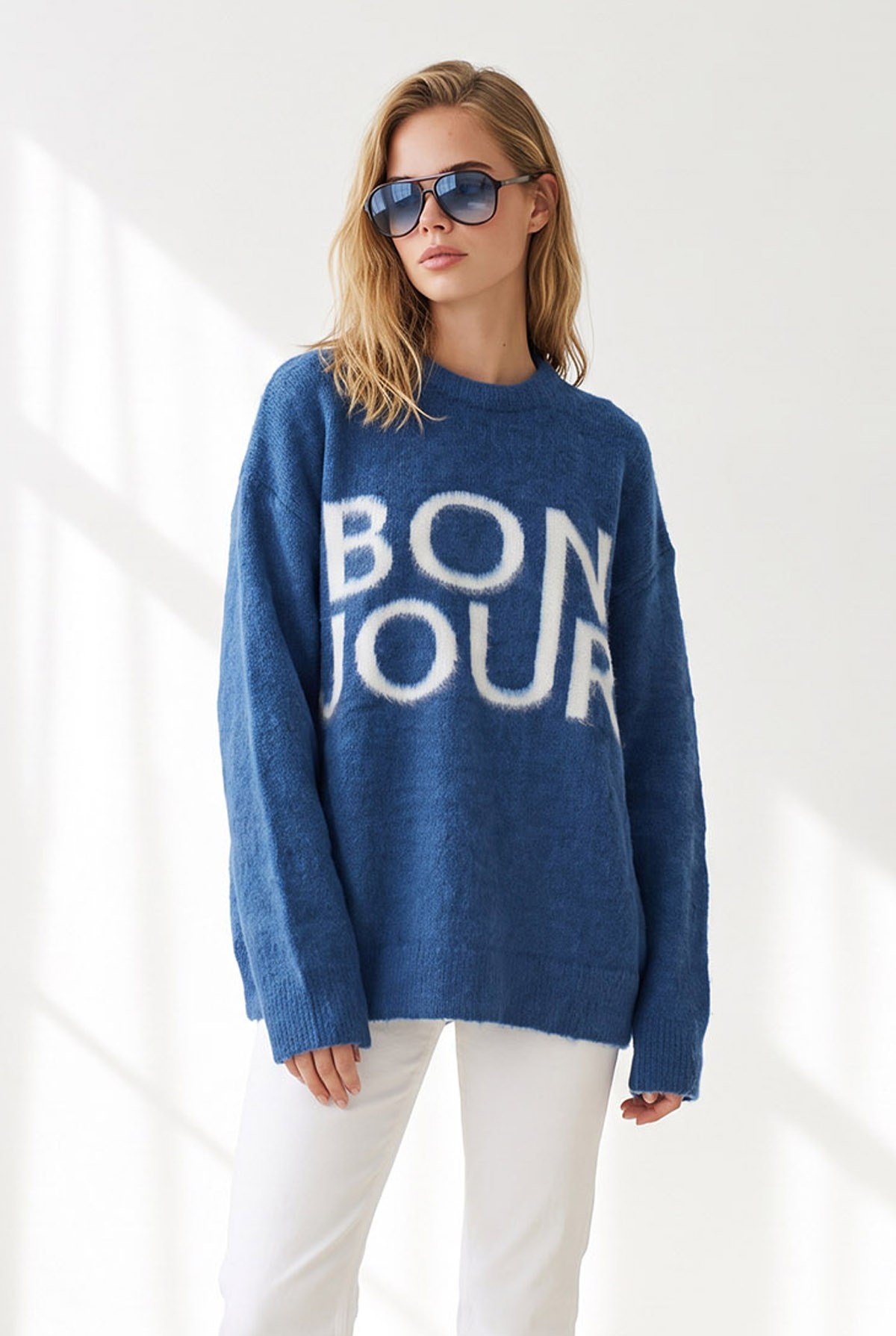Şardonlu Bonjour Oversize Triko Kazak İndigo