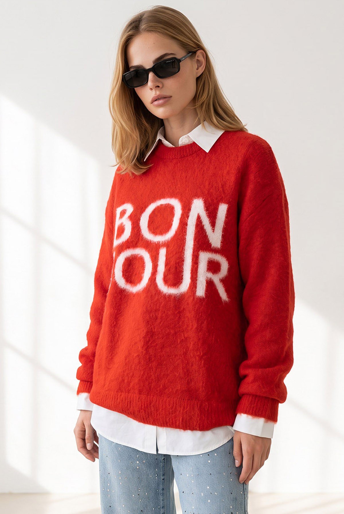 Şardonlu Bonjour Oversize Triko Kazak Kırmızı