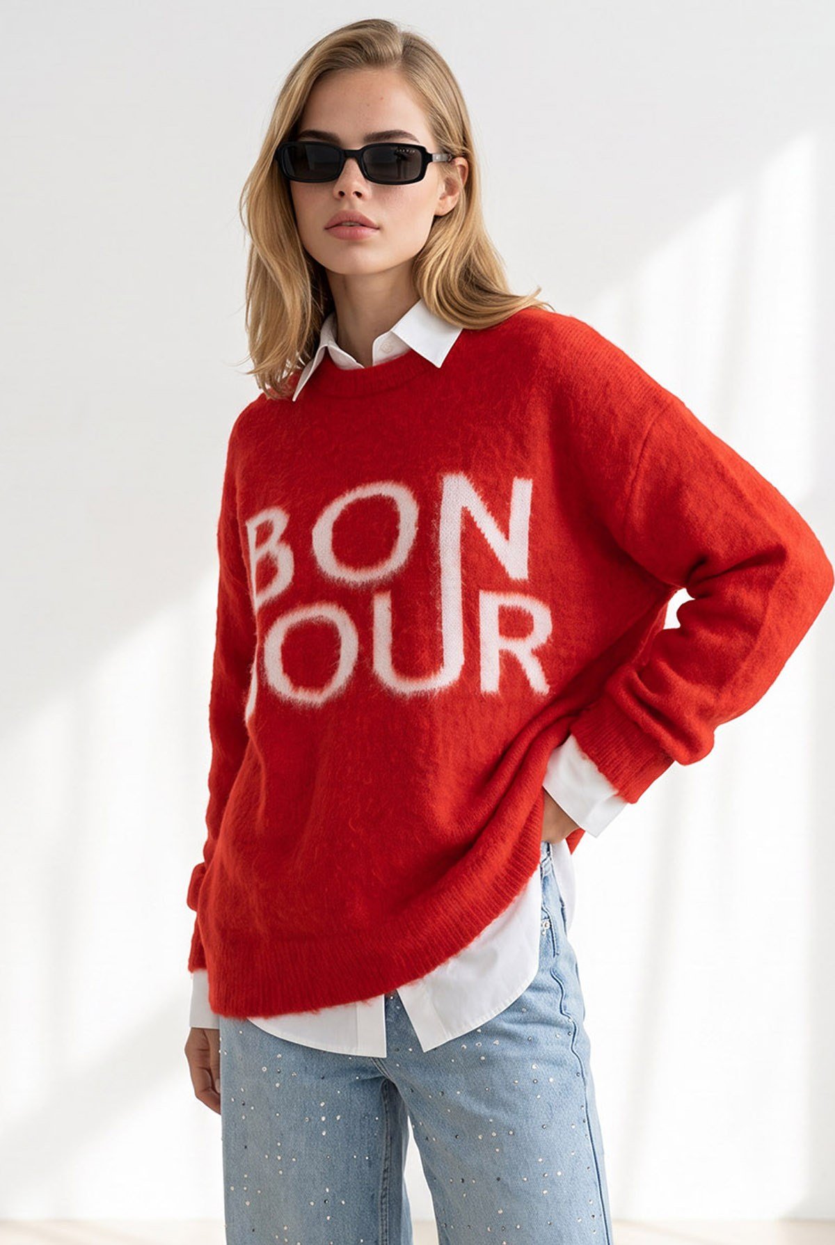 Şardonlu Bonjour Oversize Triko Kazak Kırmızı