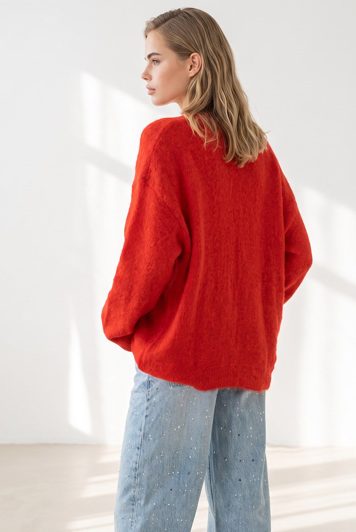 Şardonlu Bonjour Oversize Triko Kazak Kırmızı