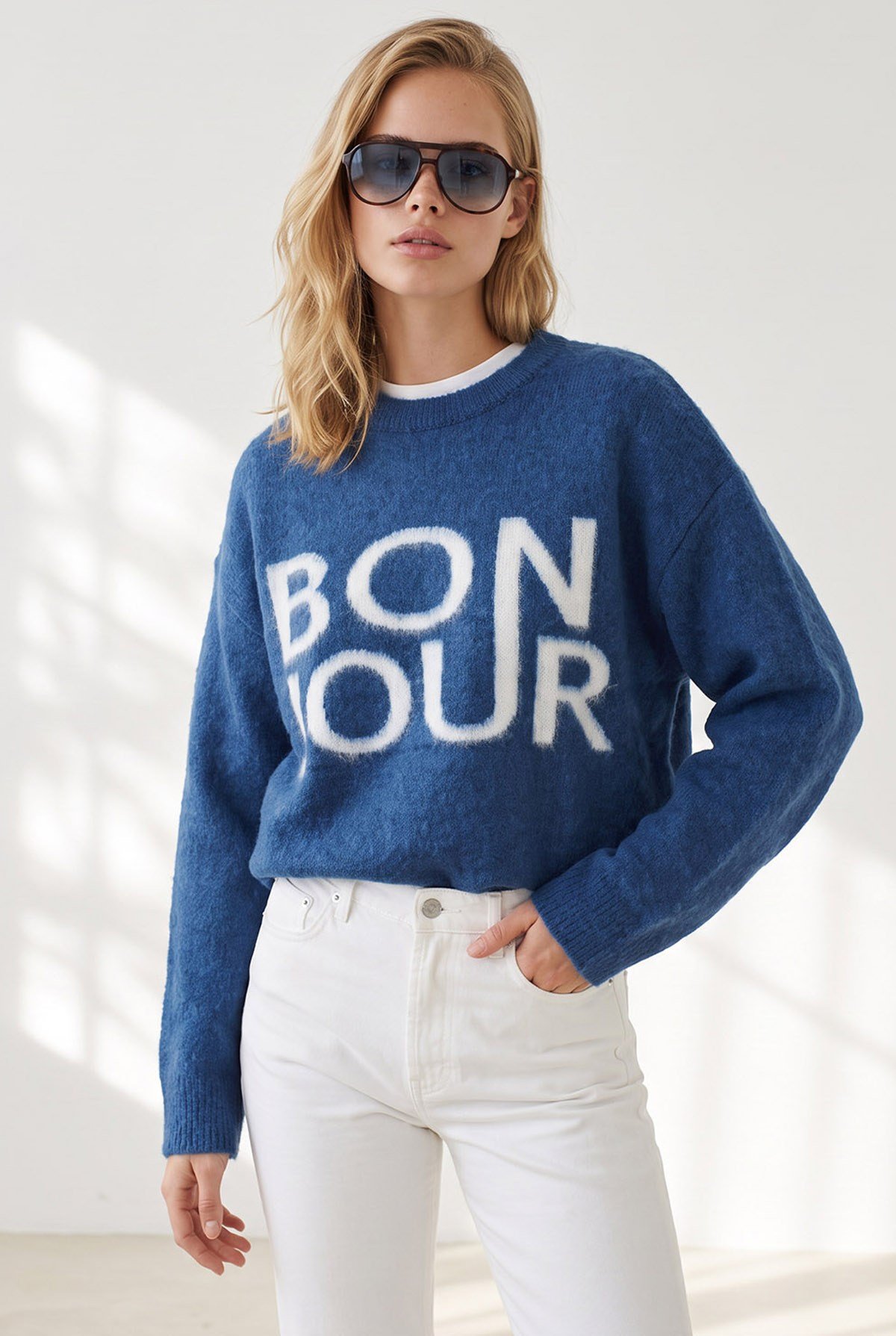 Şardonlu Bonjour Oversize Triko Kazak İndigo