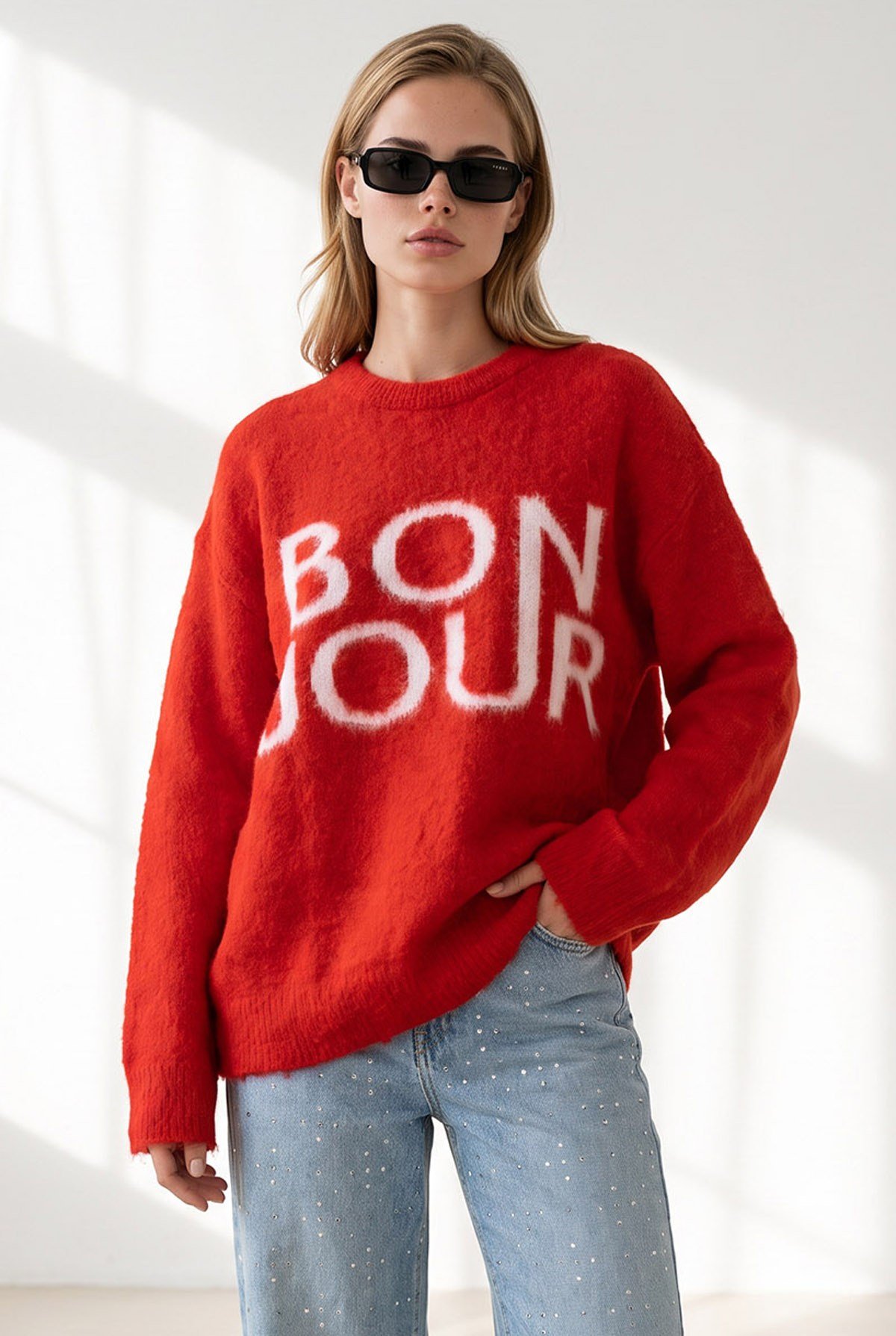 Şardonlu Bonjour Oversize Triko Kazak Kırmızı