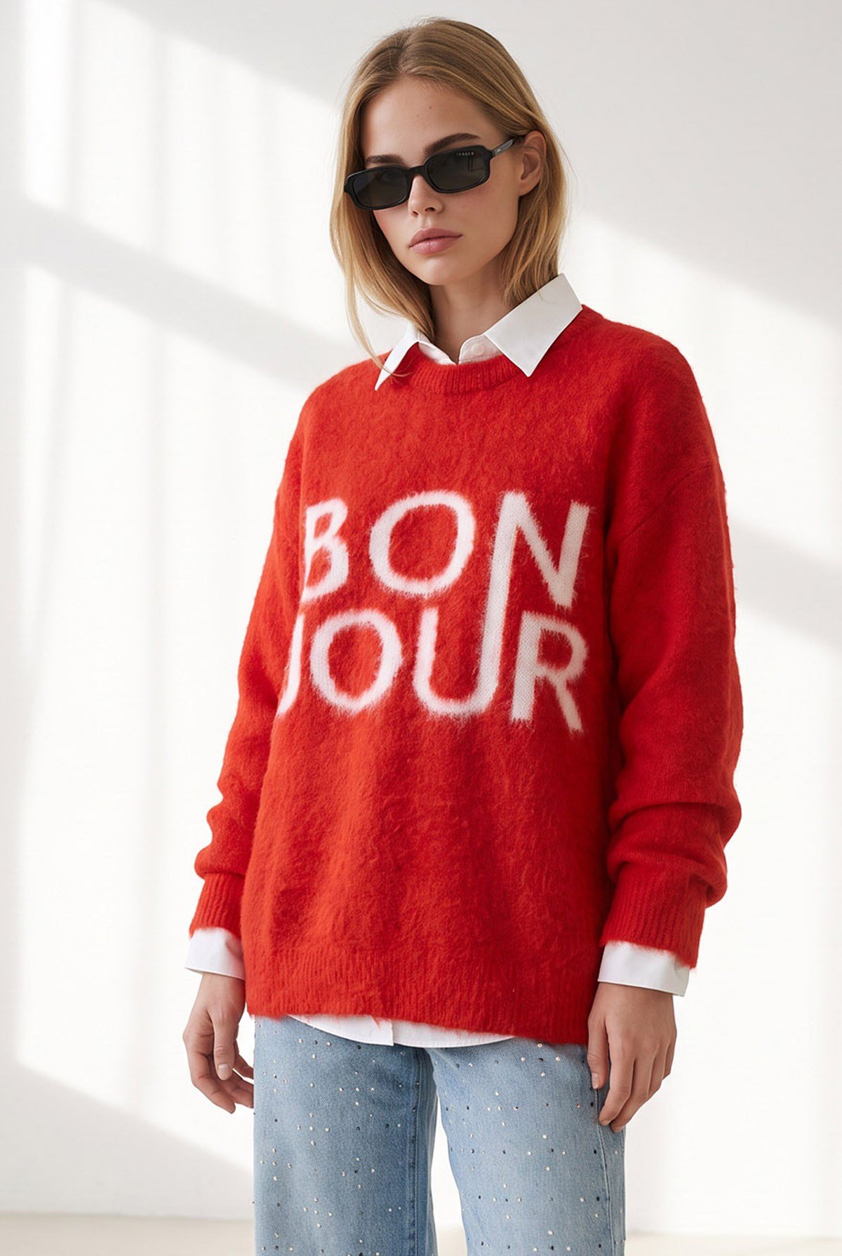 Şardonlu Bonjour Oversize Triko Kazak Kırmızı