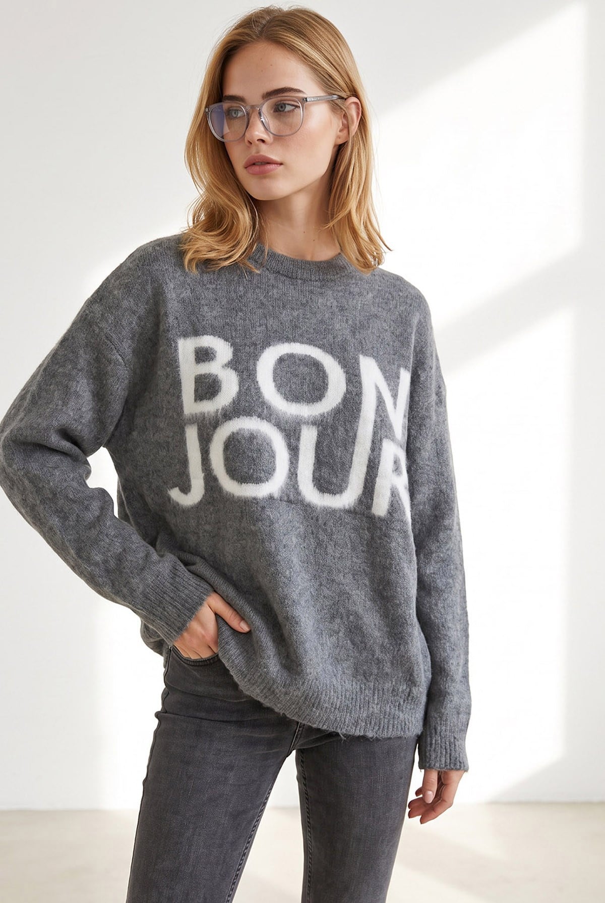 Şardonlu Bonjour Oversize Triko Kazak Antrasit