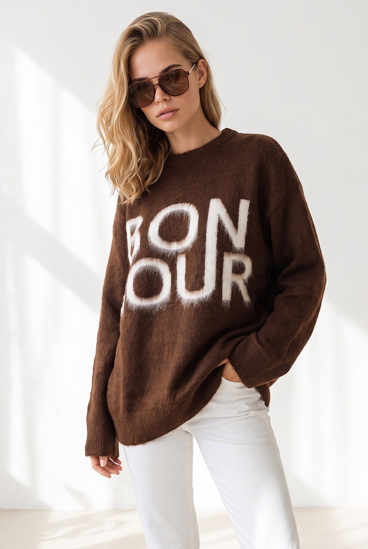 Şardonlu Bonjour Oversize Triko Kazak Kahverengi