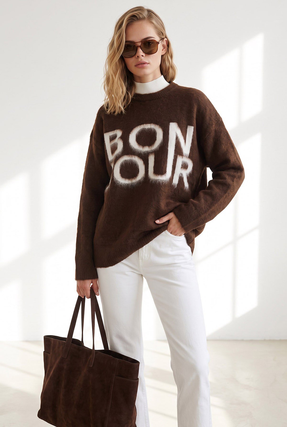Şardonlu Bonjour Oversize Triko Kazak Kahverengi