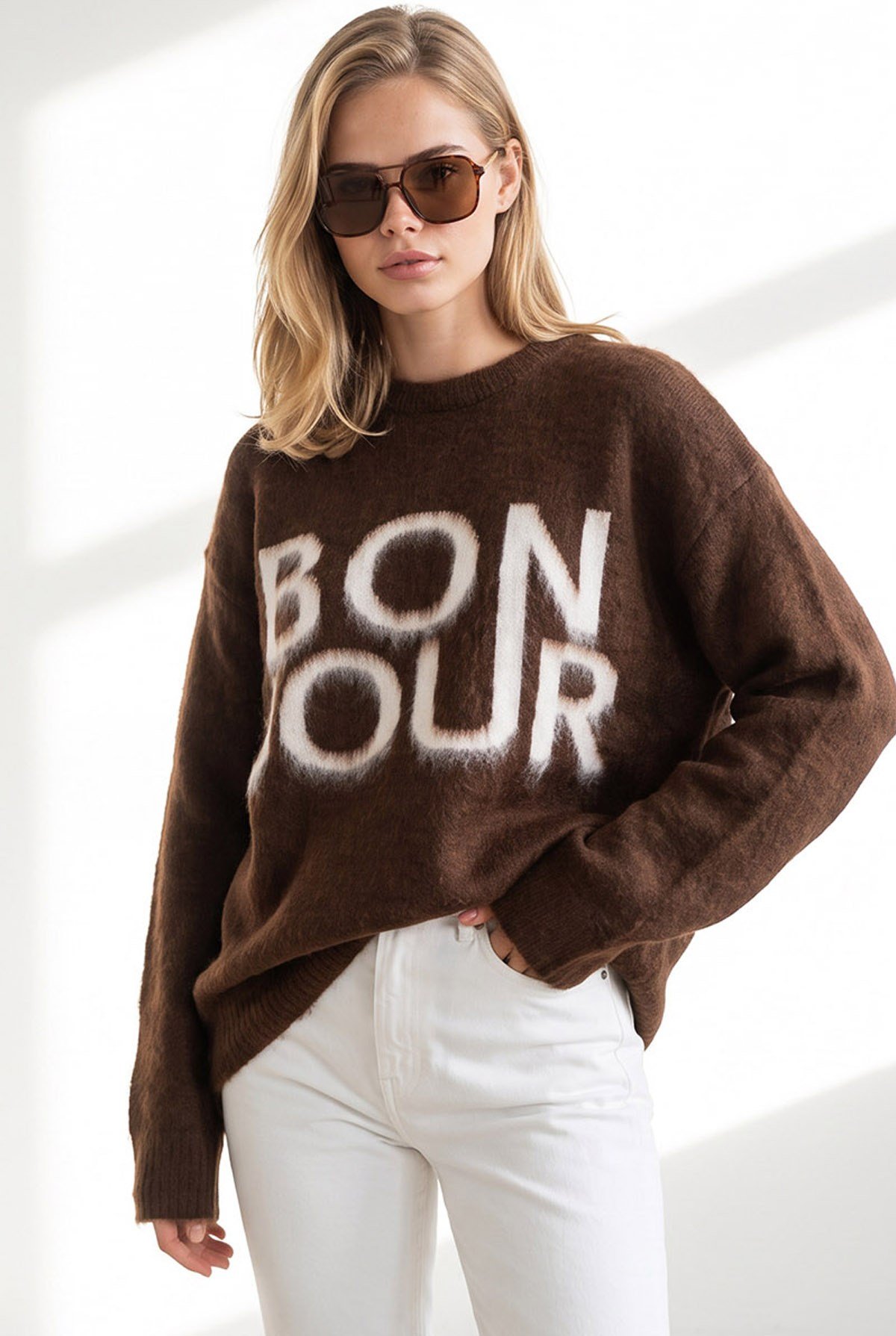 Şardonlu Bonjour Oversize Triko Kazak Kahverengi