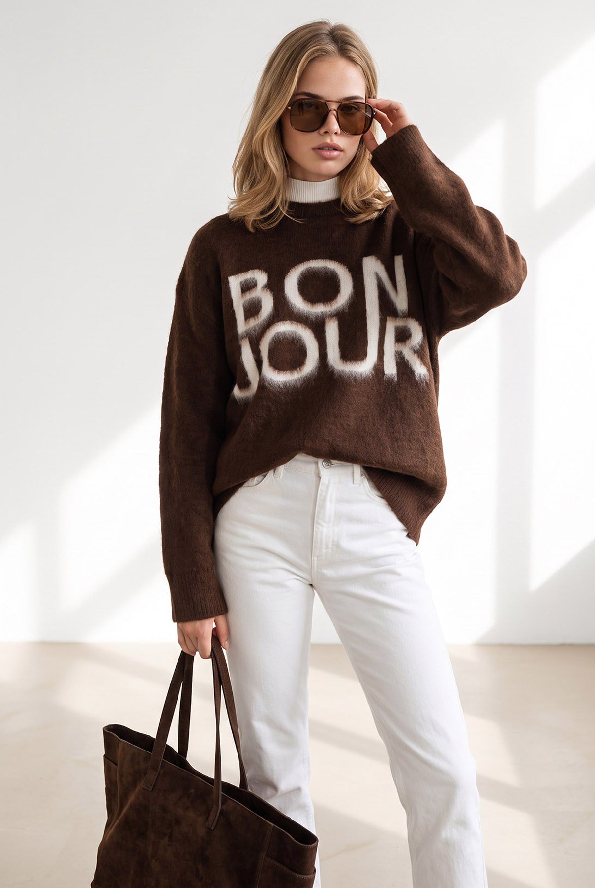 Şardonlu Bonjour Oversize Triko Kazak Kahverengi