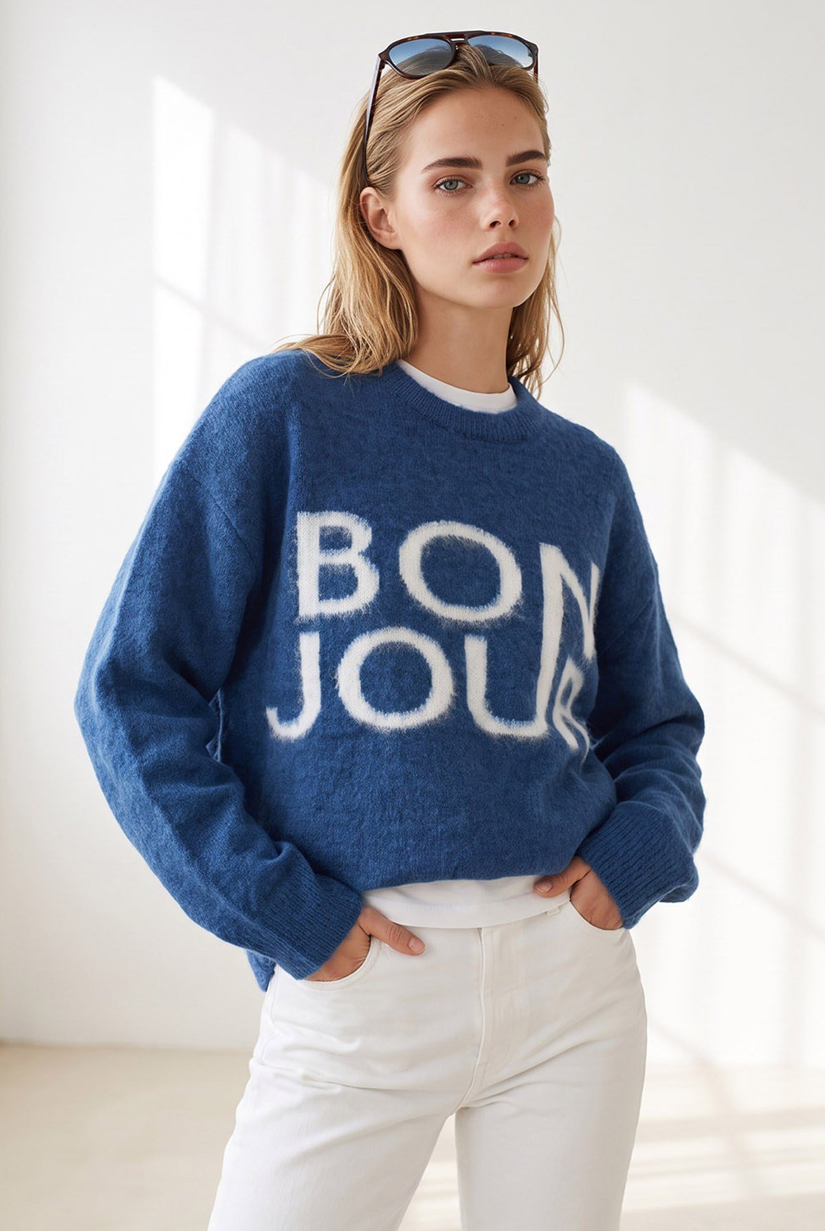 Şardonlu Bonjour Oversize Triko Kazak İndigo