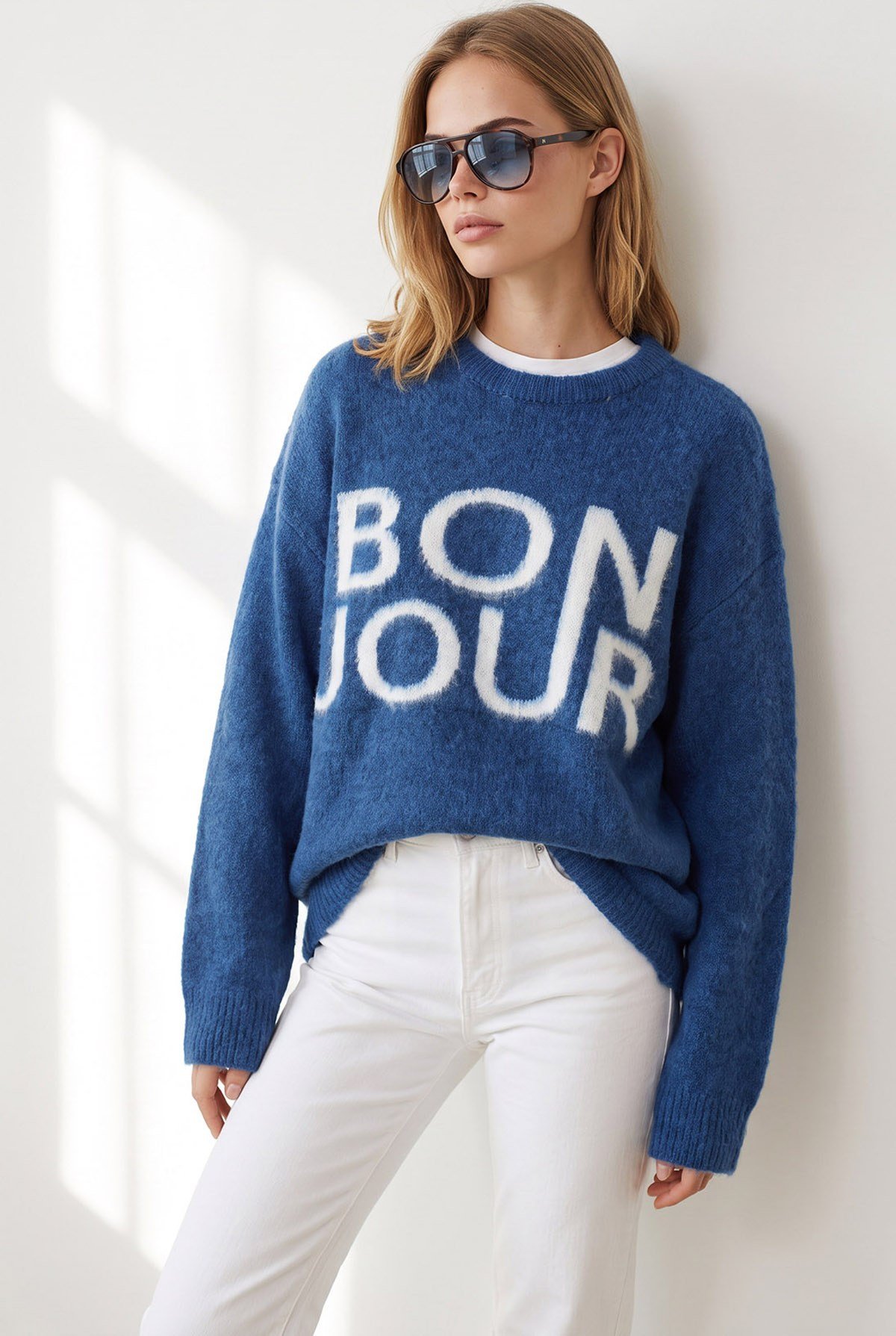 Şardonlu Bonjour Oversize Triko Kazak İndigo