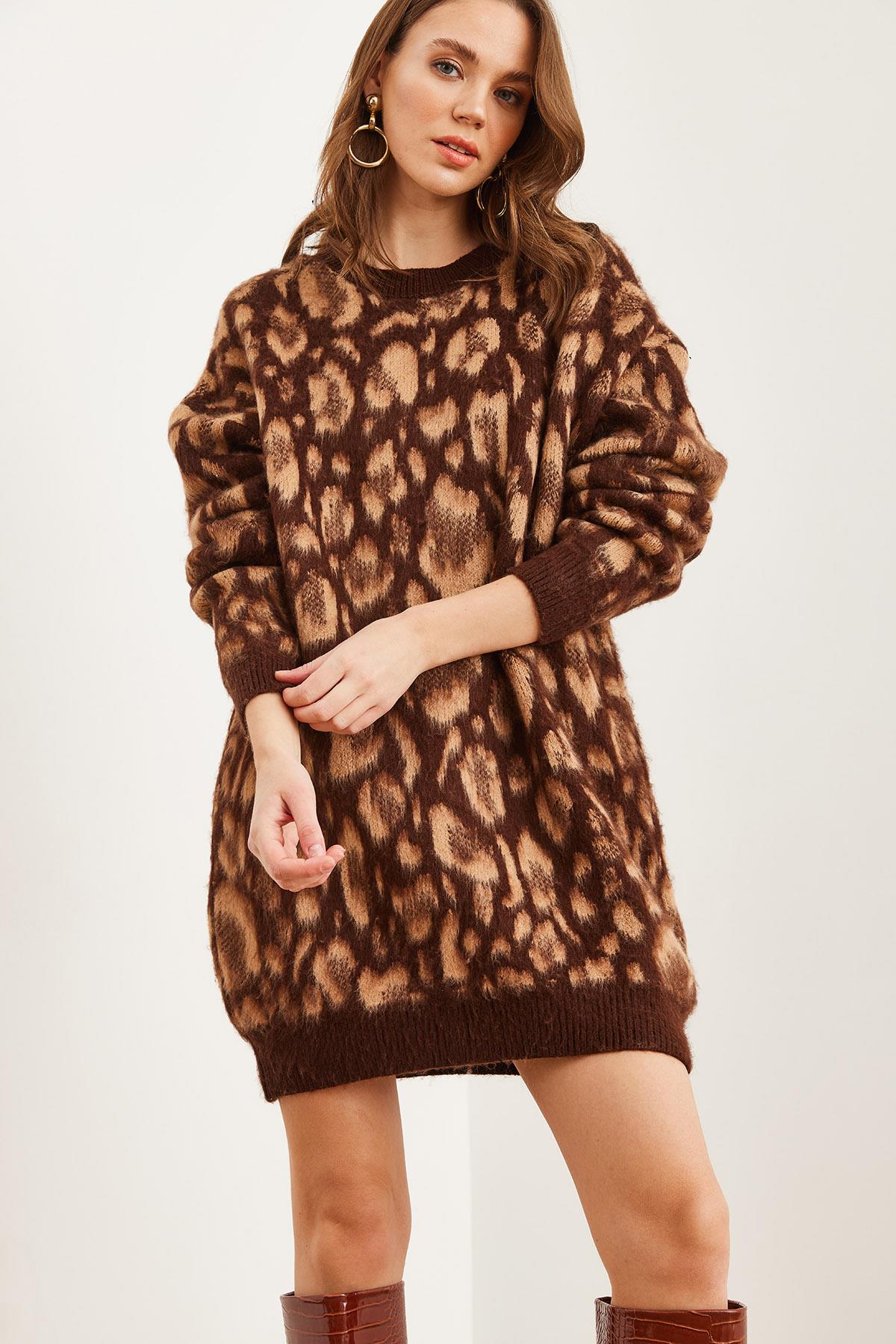 Şardonlu Oversize Leopar Tunik Elbise Camel