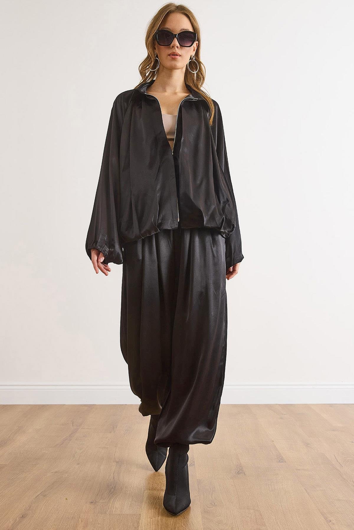 Saten Gömlek Şalvar Pantolon Takım Siyah