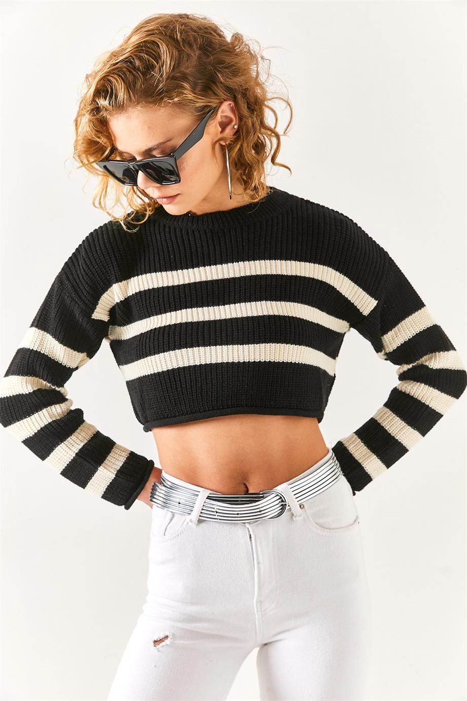 Selanik Örgü Çizgili Crop Triko Kazak Siyah Beyaz