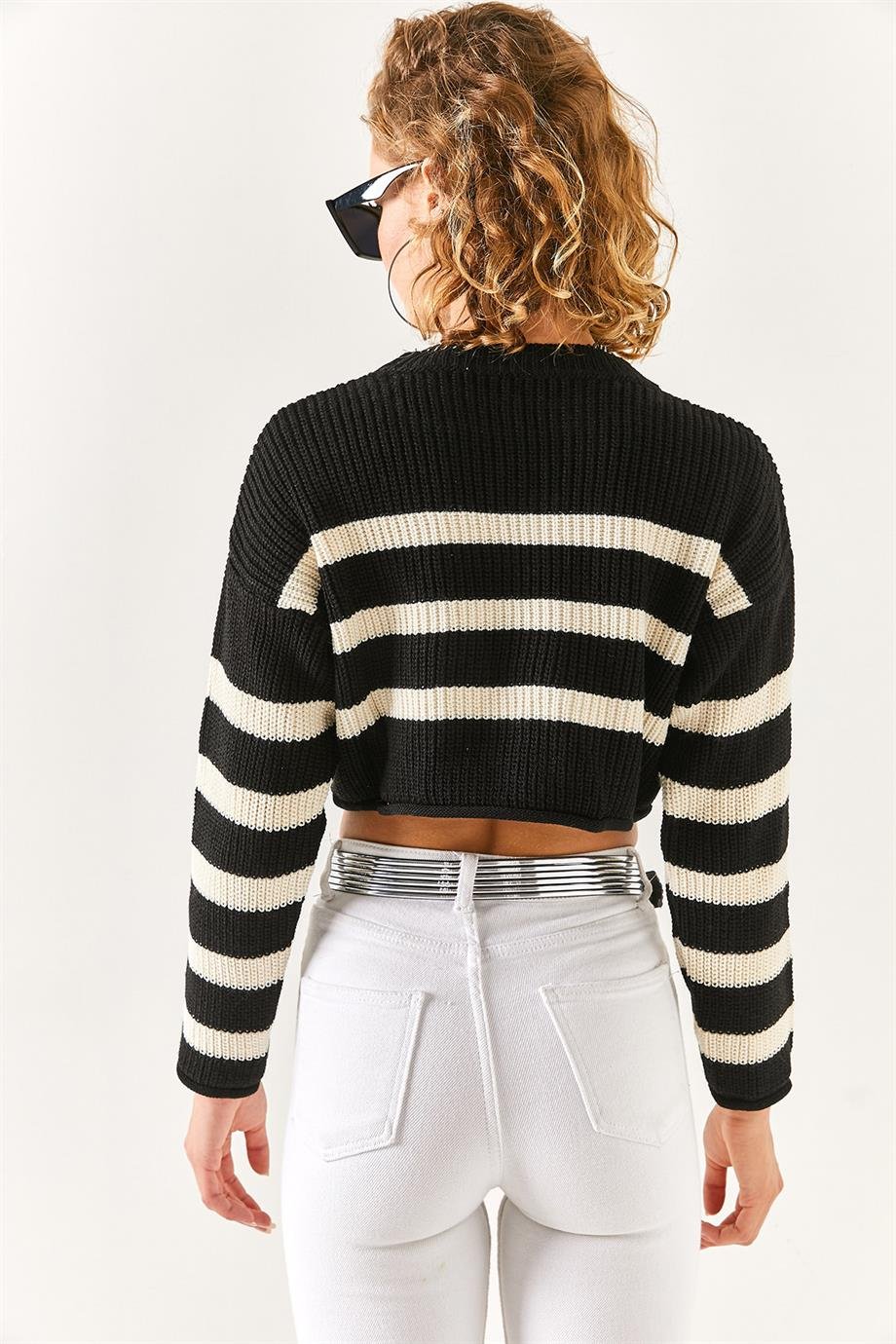 Selanik Örgü Çizgili Crop Triko Kazak Siyah Beyaz