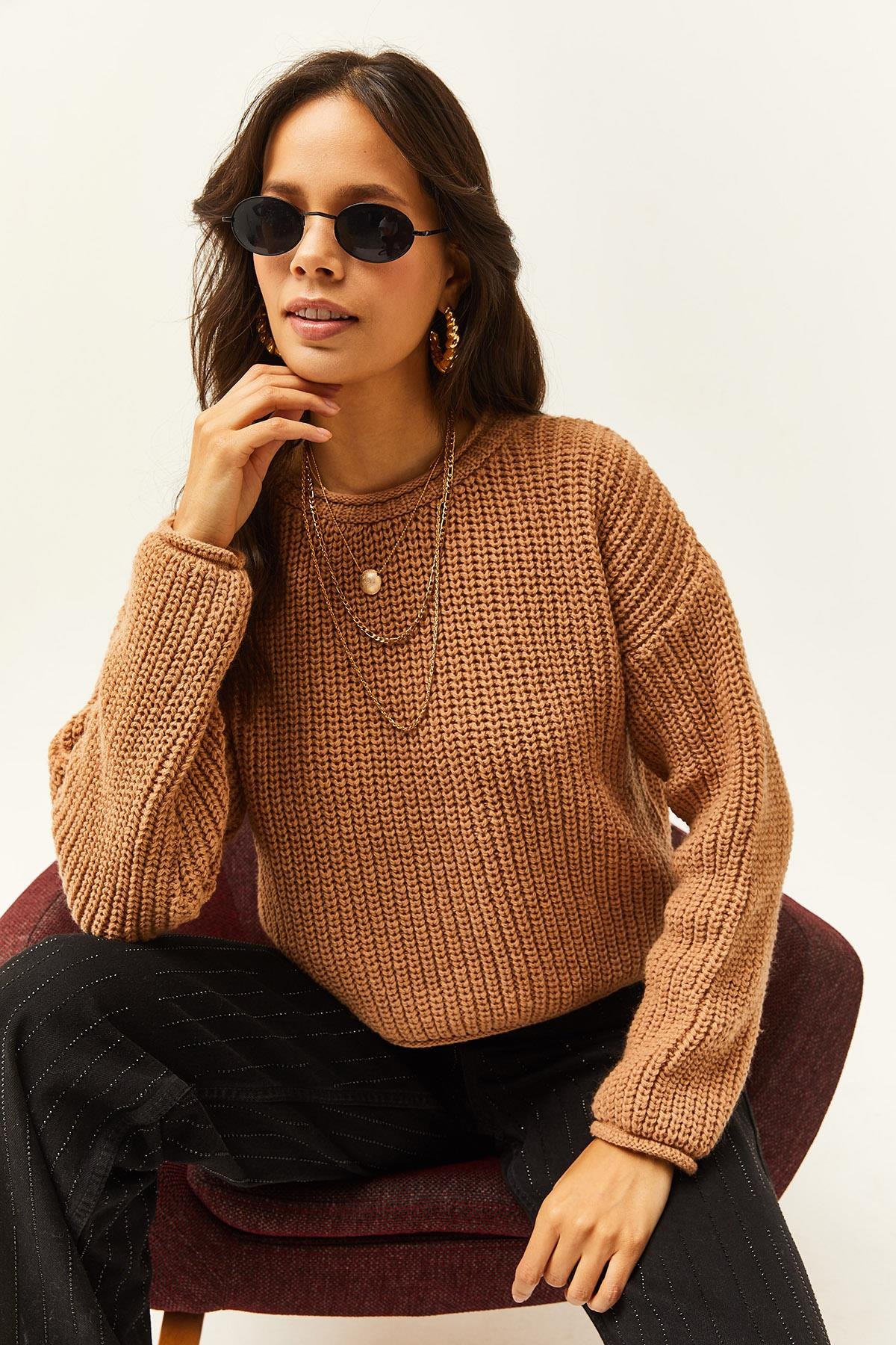 Selanik Örgü Crop Triko Kazak Camel