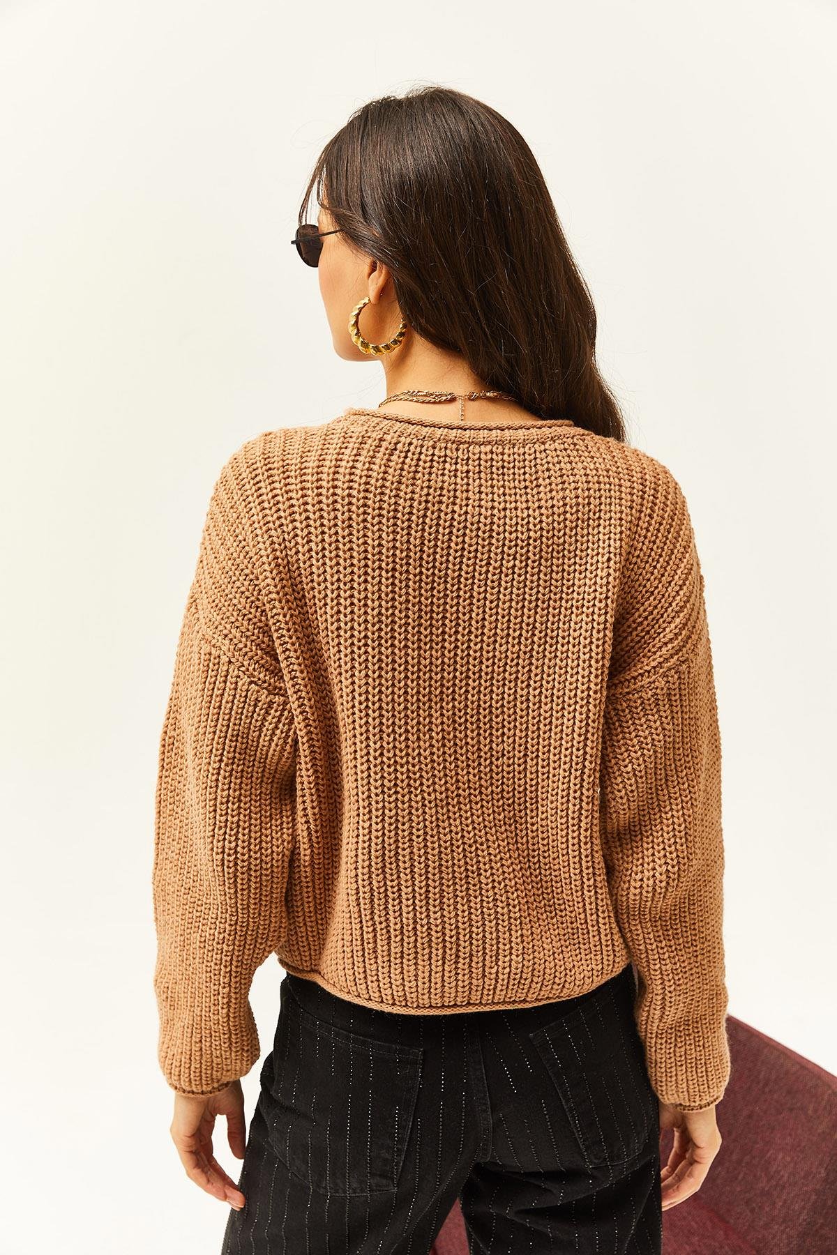 Selanik Örgü Crop Triko Kazak Camel