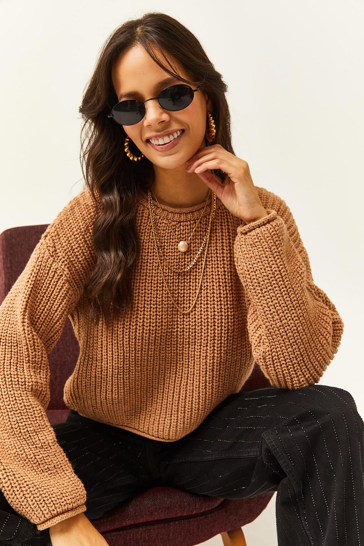 Selanik Örgü Crop Triko Kazak Camel