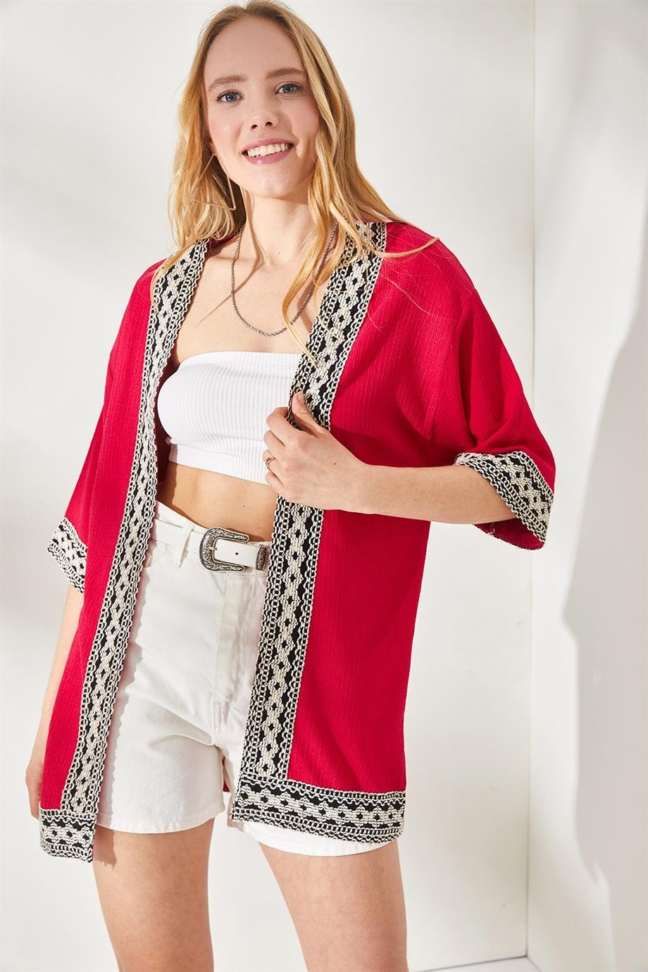 Şerit Detaylı Dokulu Kaftan Kimono Fuşya