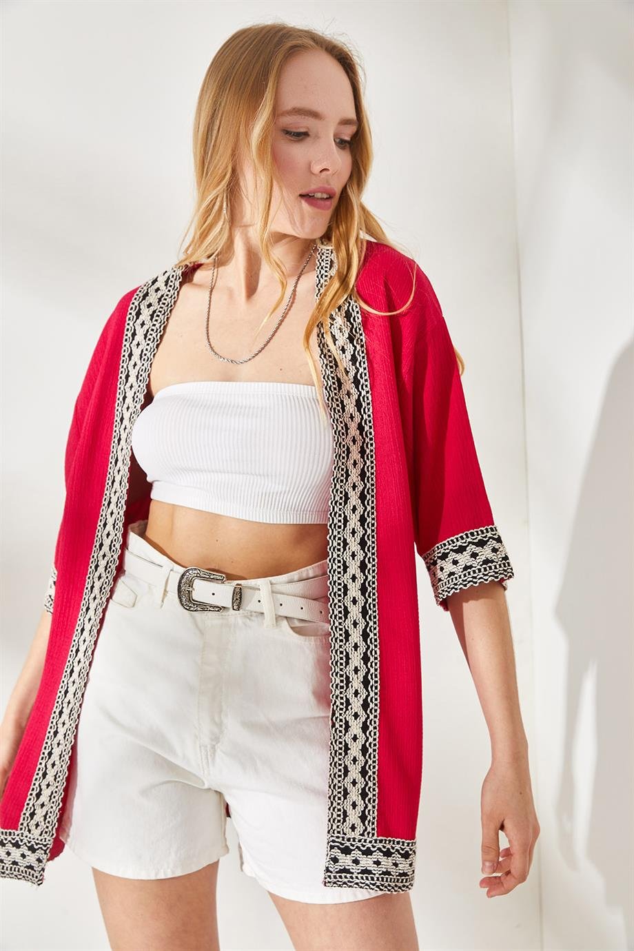 Şerit Detaylı Dokulu Kaftan Kimono Fuşya