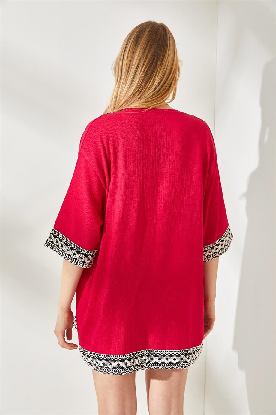 Şerit Detaylı Dokulu Kaftan Kimono Fuşya