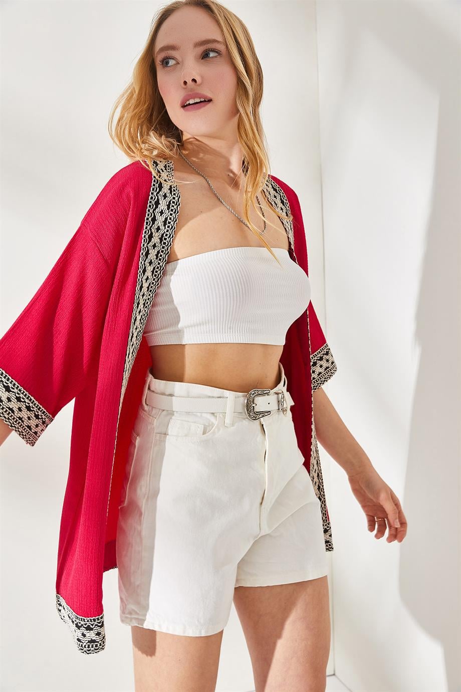 Şerit Detaylı Dokulu Kaftan Kimono Fuşya