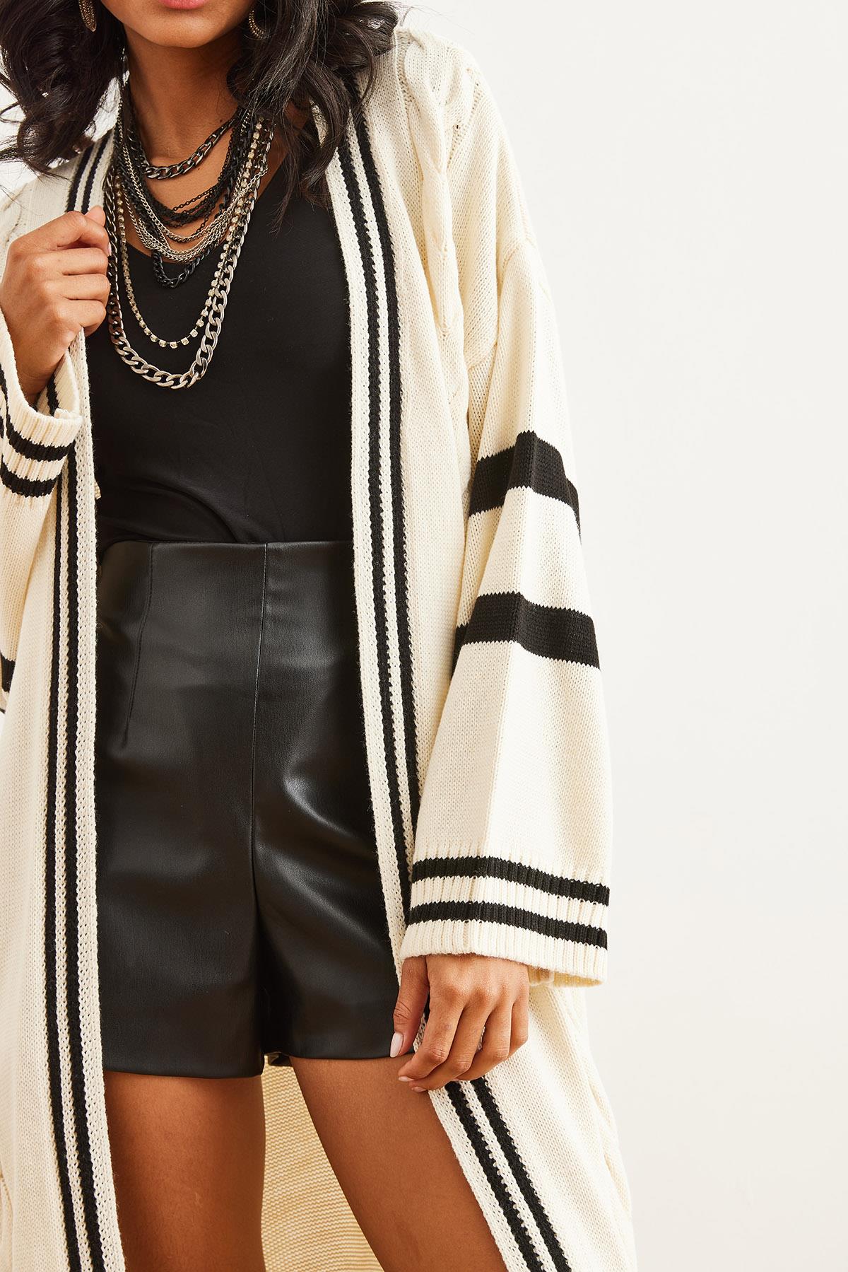 Şerit Detaylı Maxi Oversize Triko Hırka Ekru