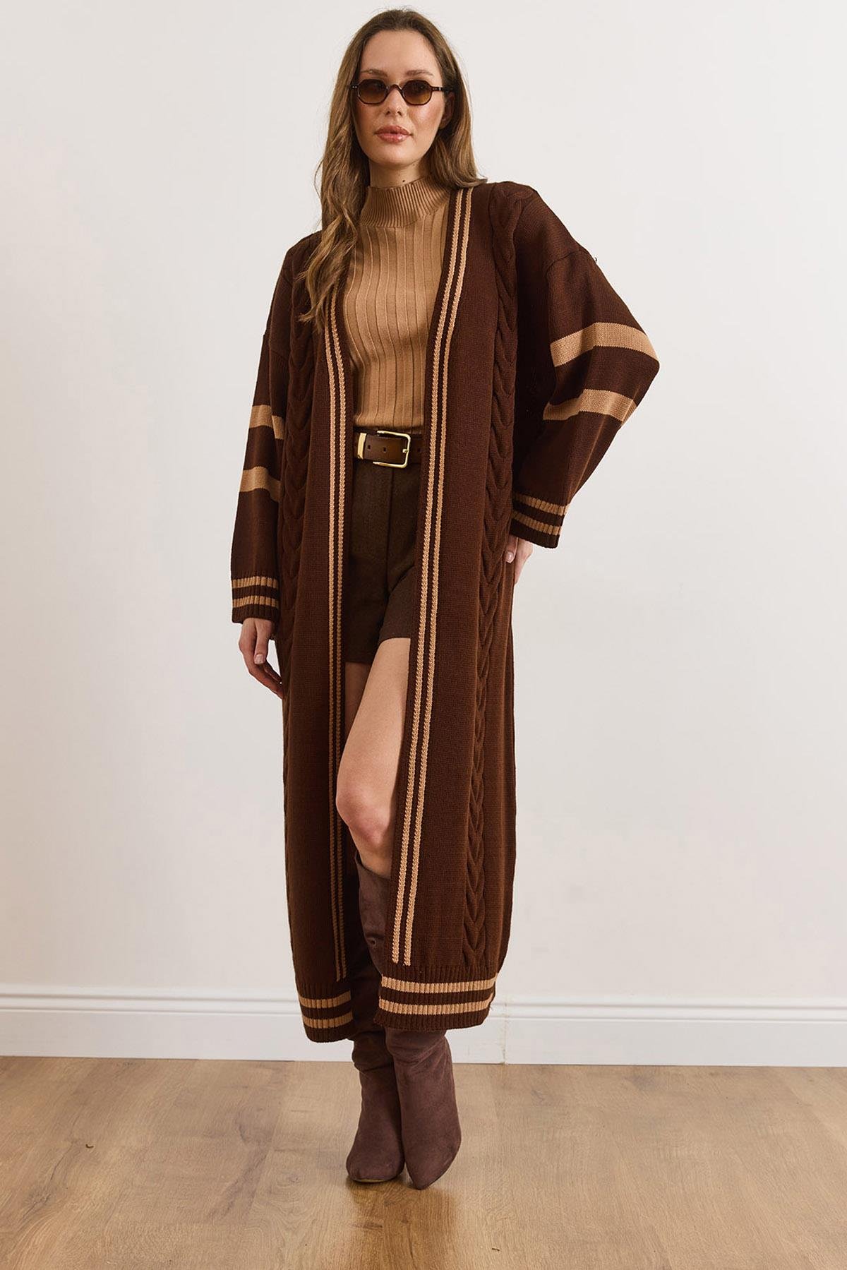 Şerit Detaylı Maxi Oversize Triko Hırka Acı Kahve