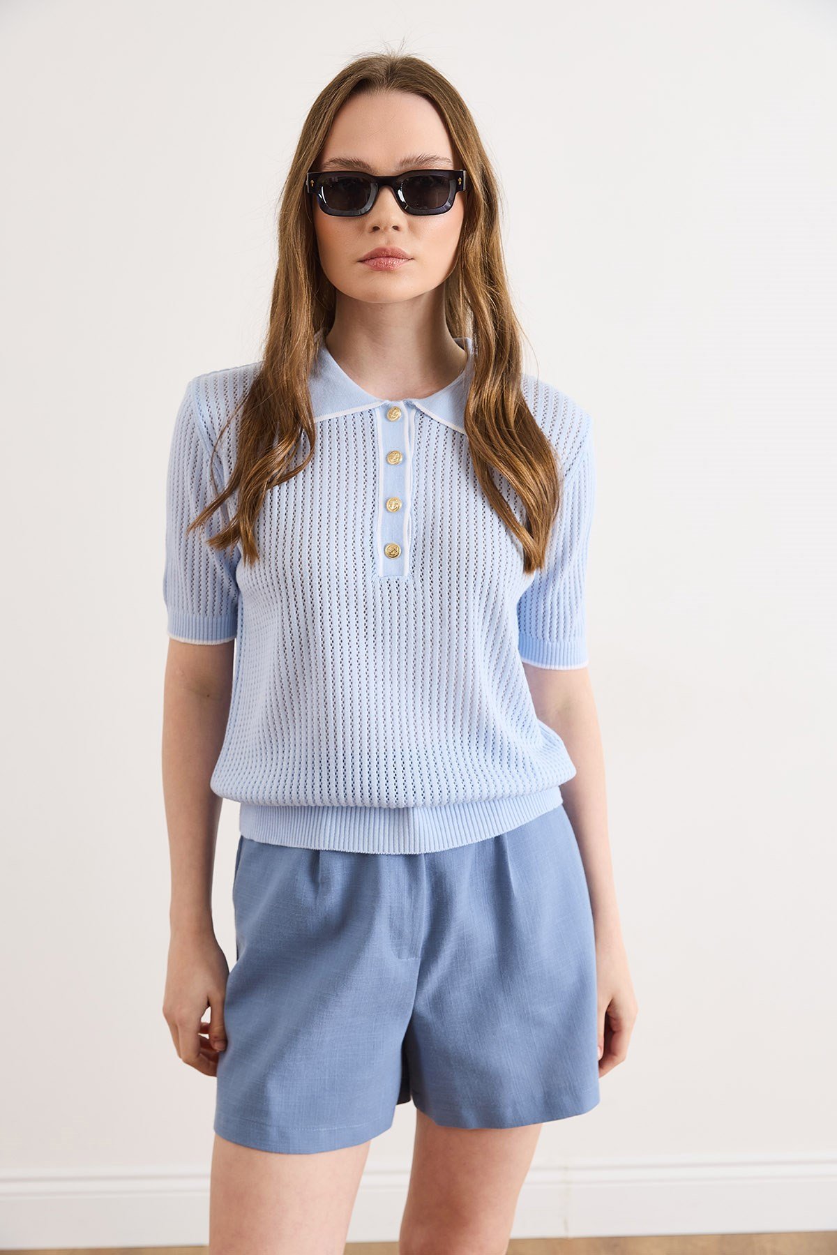 Şerit Detaylı Polo Yaka Ajurlu Triko Bluz Bebe Mavi
