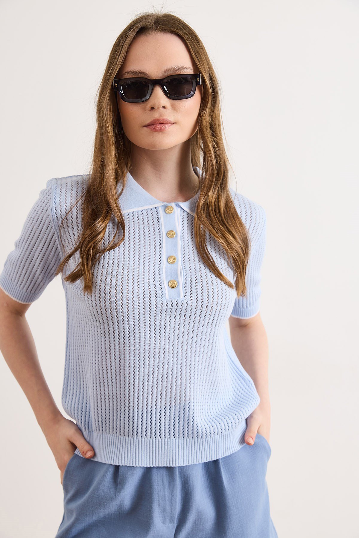 Şerit Detaylı Polo Yaka Ajurlu Triko Bluz Bebe Mavi