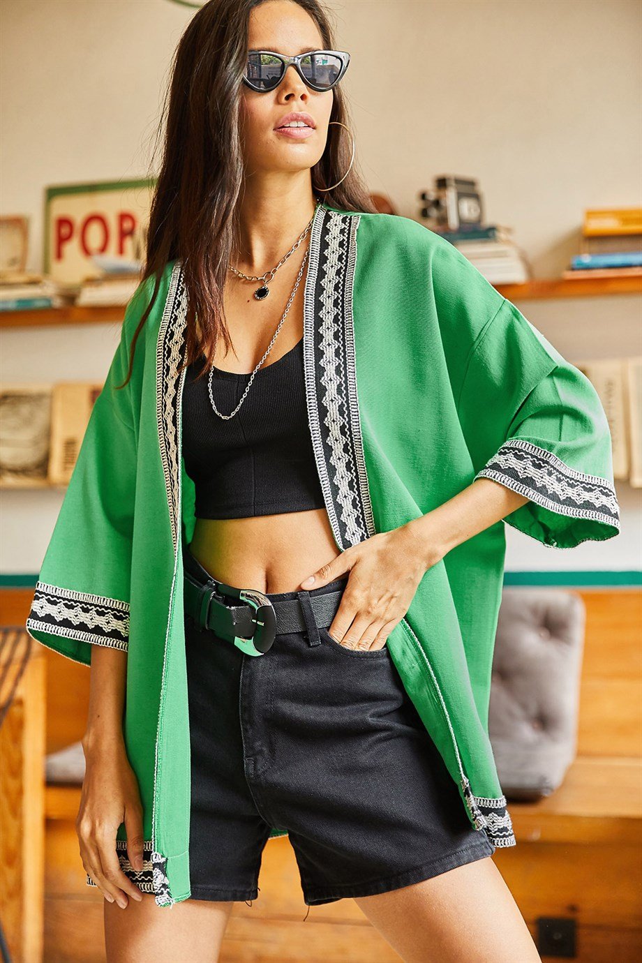 Şerit Detaylı Salaş Dokuma Kimono Çimen Yeşili