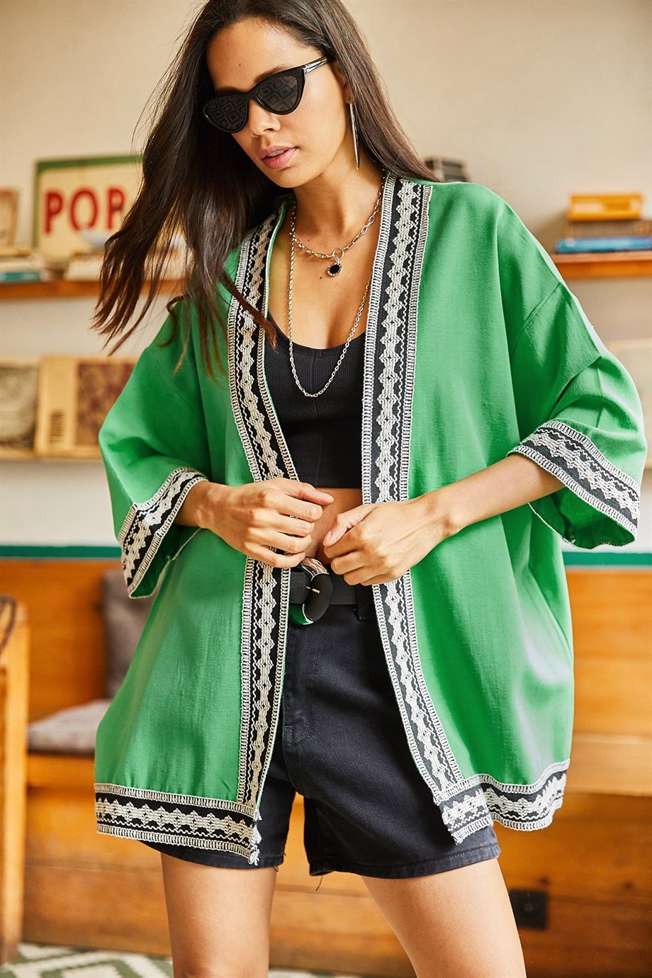 Şerit Detaylı Salaş Dokuma Kimono Çimen Yeşili