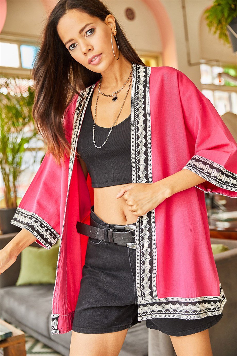 Şerit Detaylı Salaş Dokuma Kimono Fuşya