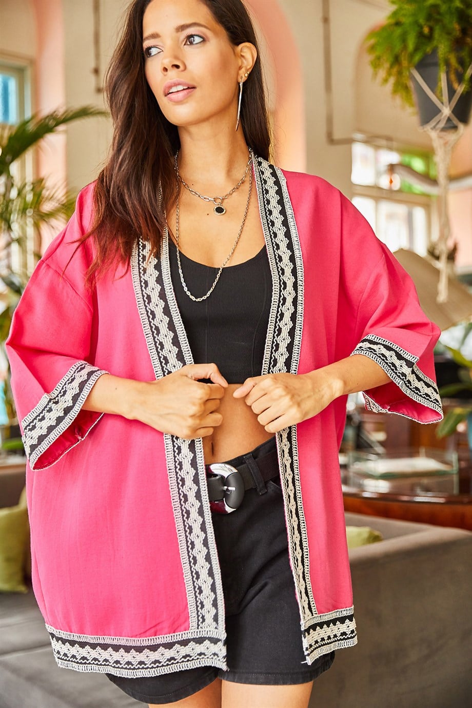 Şerit Detaylı Salaş Dokuma Kimono Fuşya