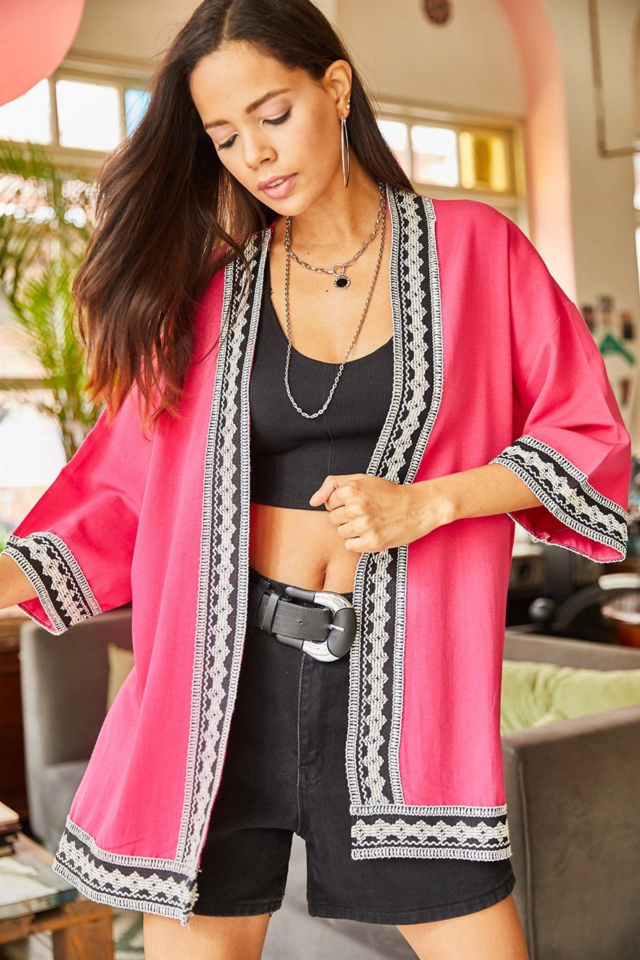 Şerit Detaylı Salaş Dokuma Kimono Fuşya