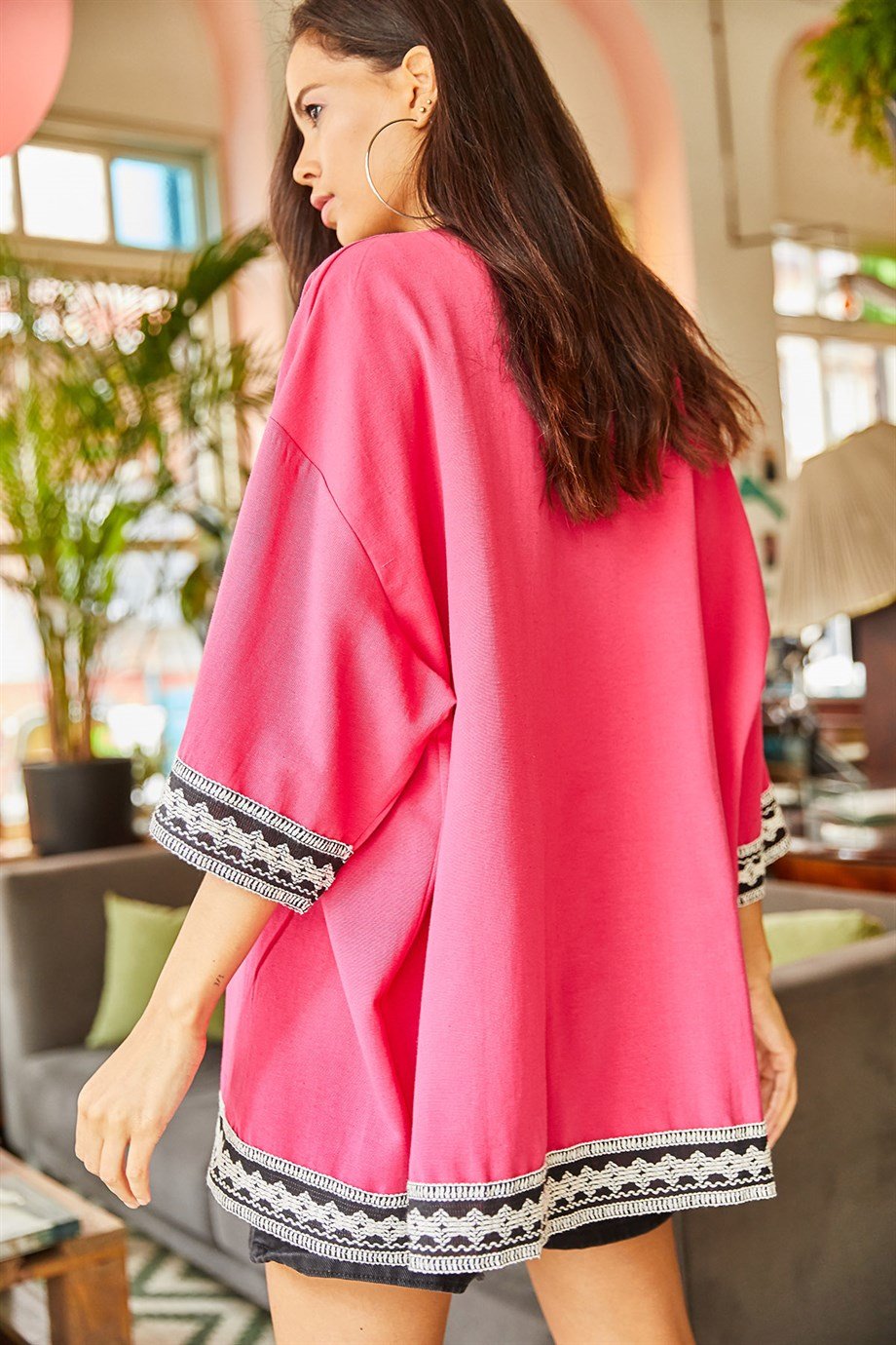 Şerit Detaylı Salaş Dokuma Kimono Fuşya