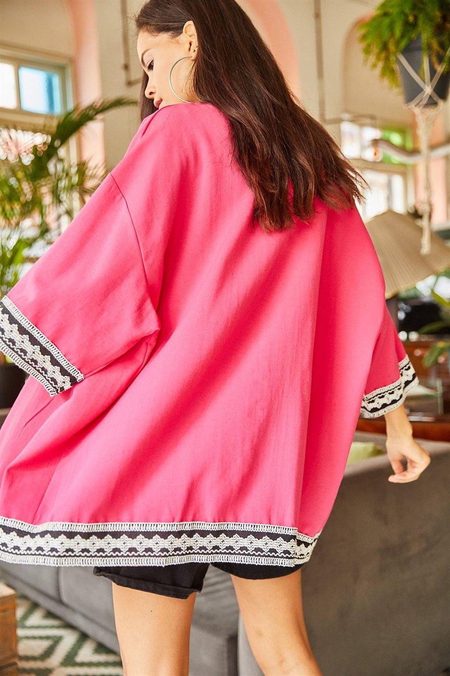 Şerit Detaylı Salaş Dokuma Kimono Fuşya