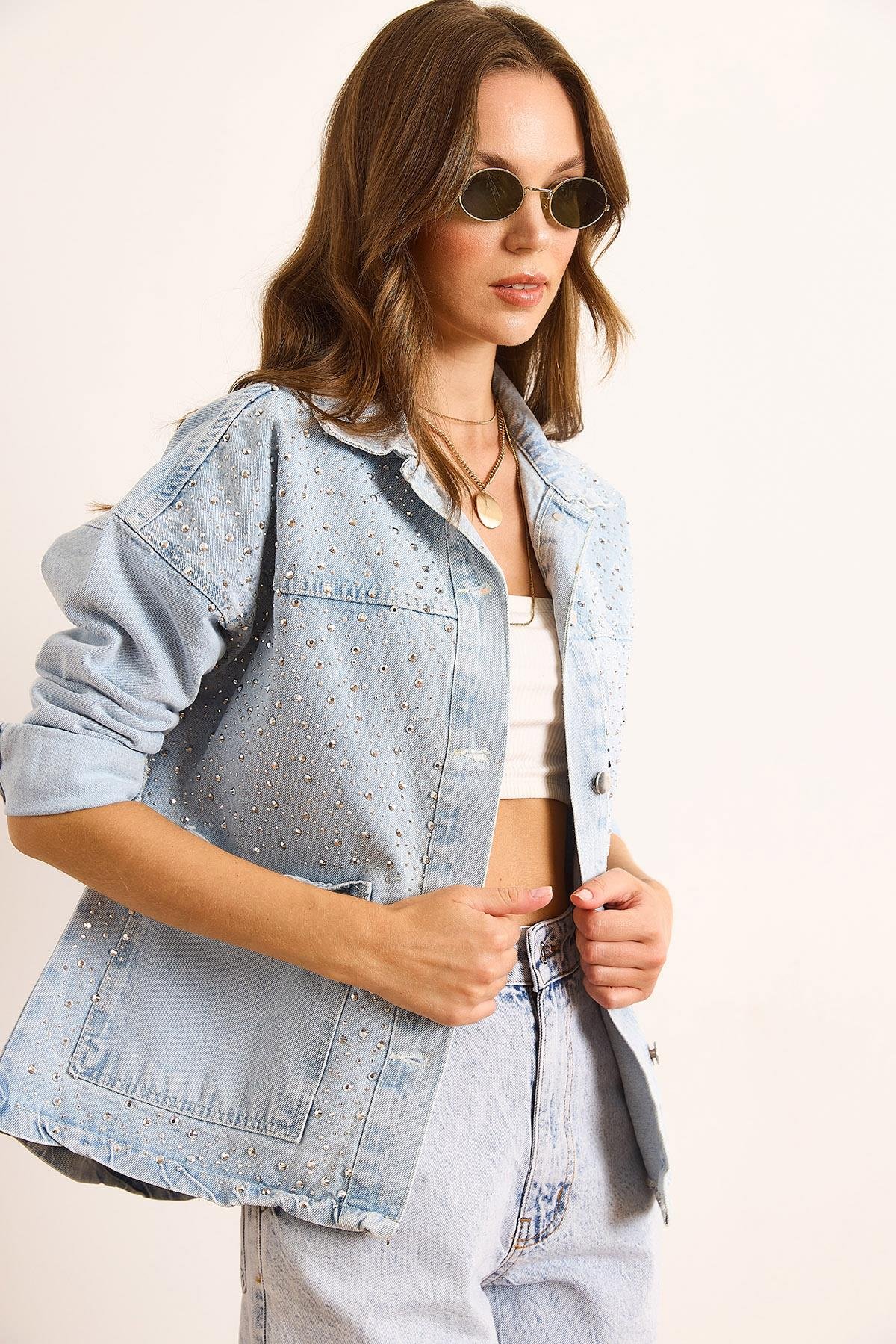 Serpme Taş Detaylı Cepli Denim Gömlek Ceket Mavi
