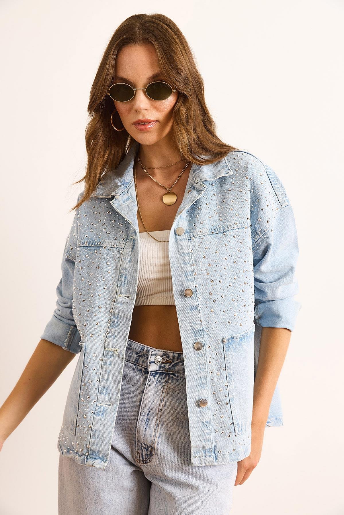 Serpme Taş Detaylı Cepli Denim Gömlek Ceket Mavi