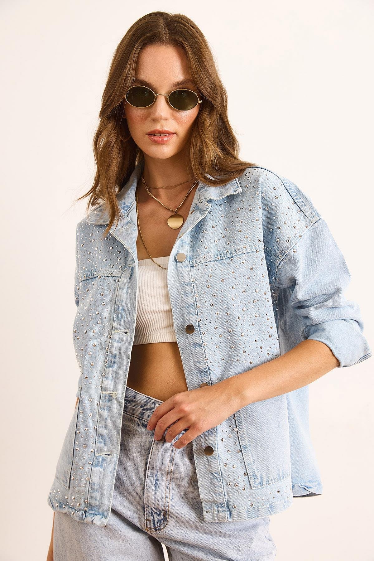 Serpme Taş Detaylı Cepli Denim Gömlek Ceket Mavi